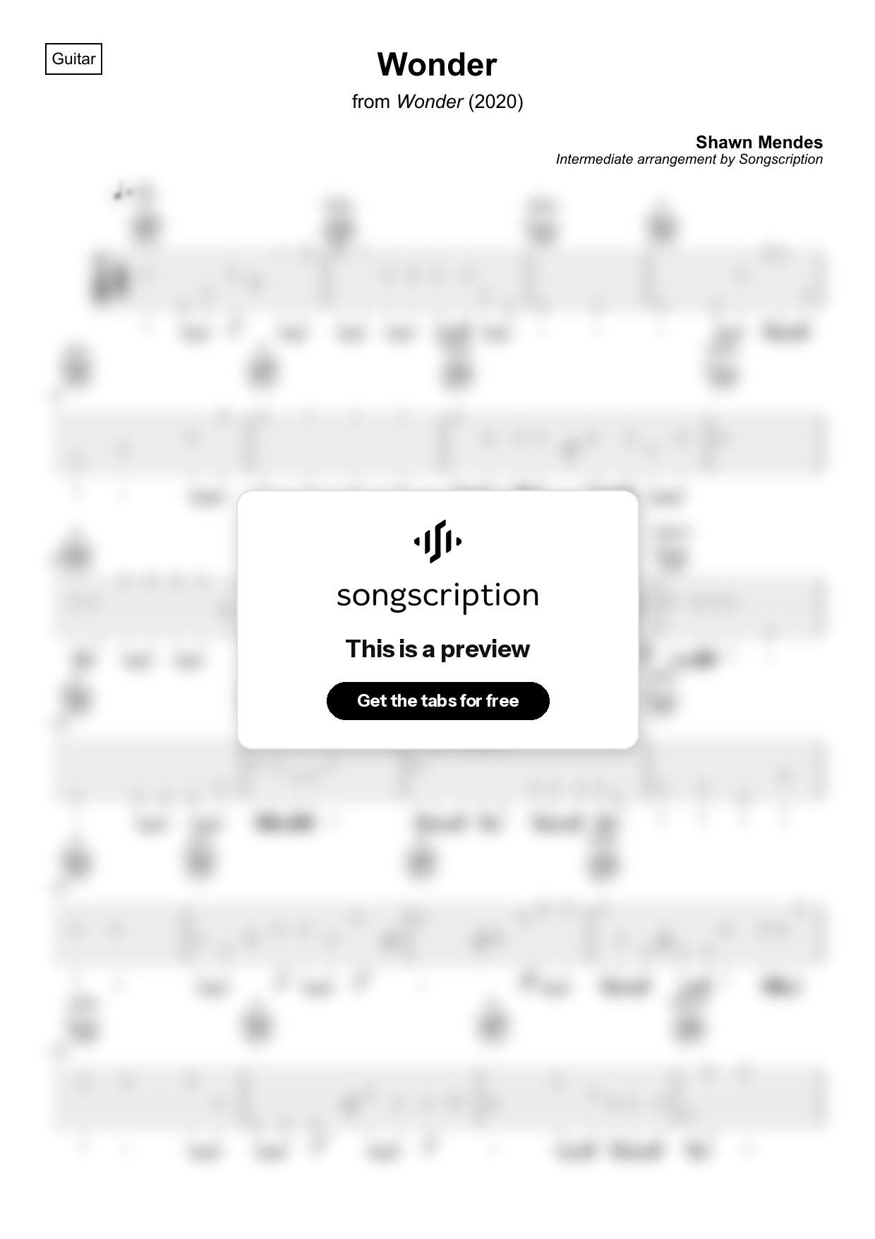 Intermediate Acoustic Guitar Tabs for "Wonder" by Shawn Mendes