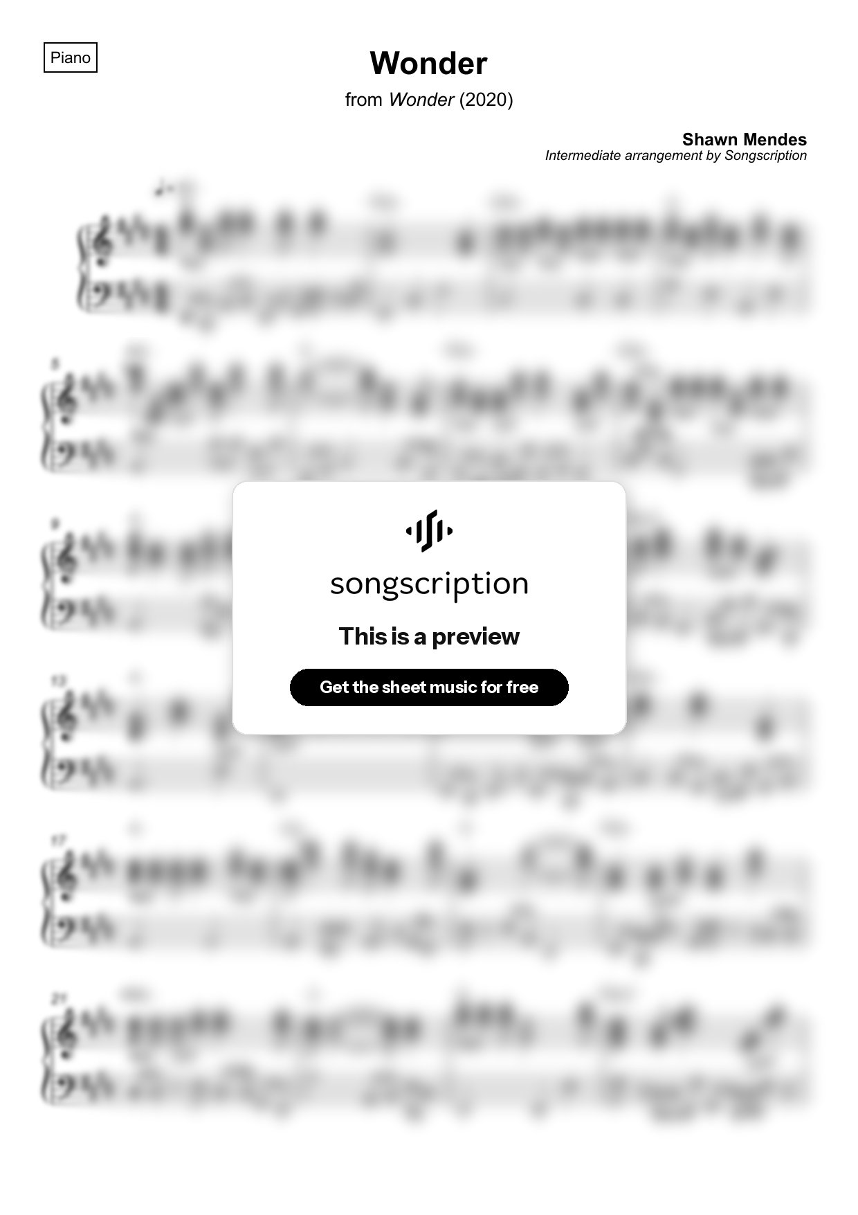 Intermediate Piano Sheet Music for "Wonder" by Shawn Mendes