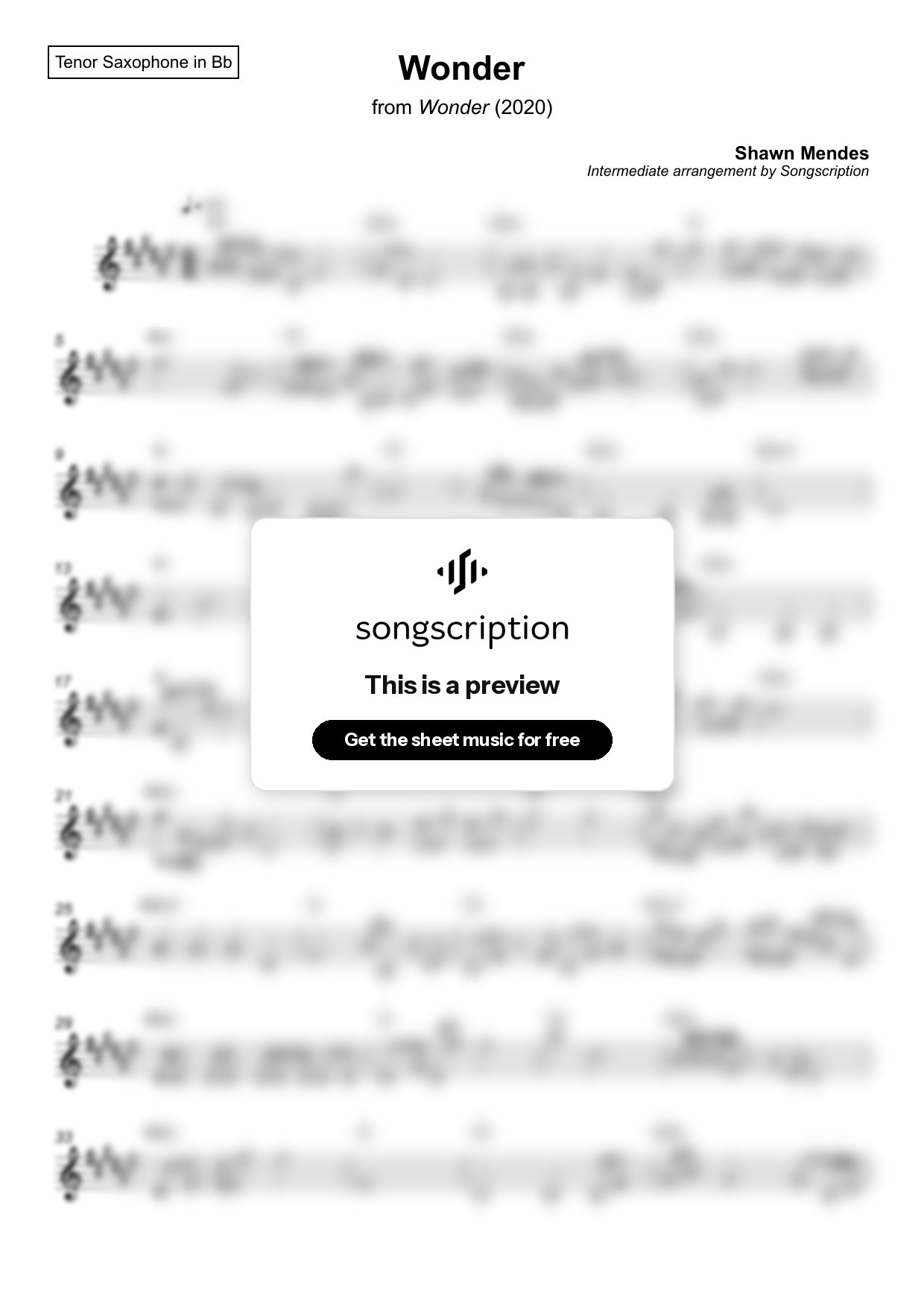 Intermediate Tenor Sax Sheet Music for "Wonder" by Shawn Mendes