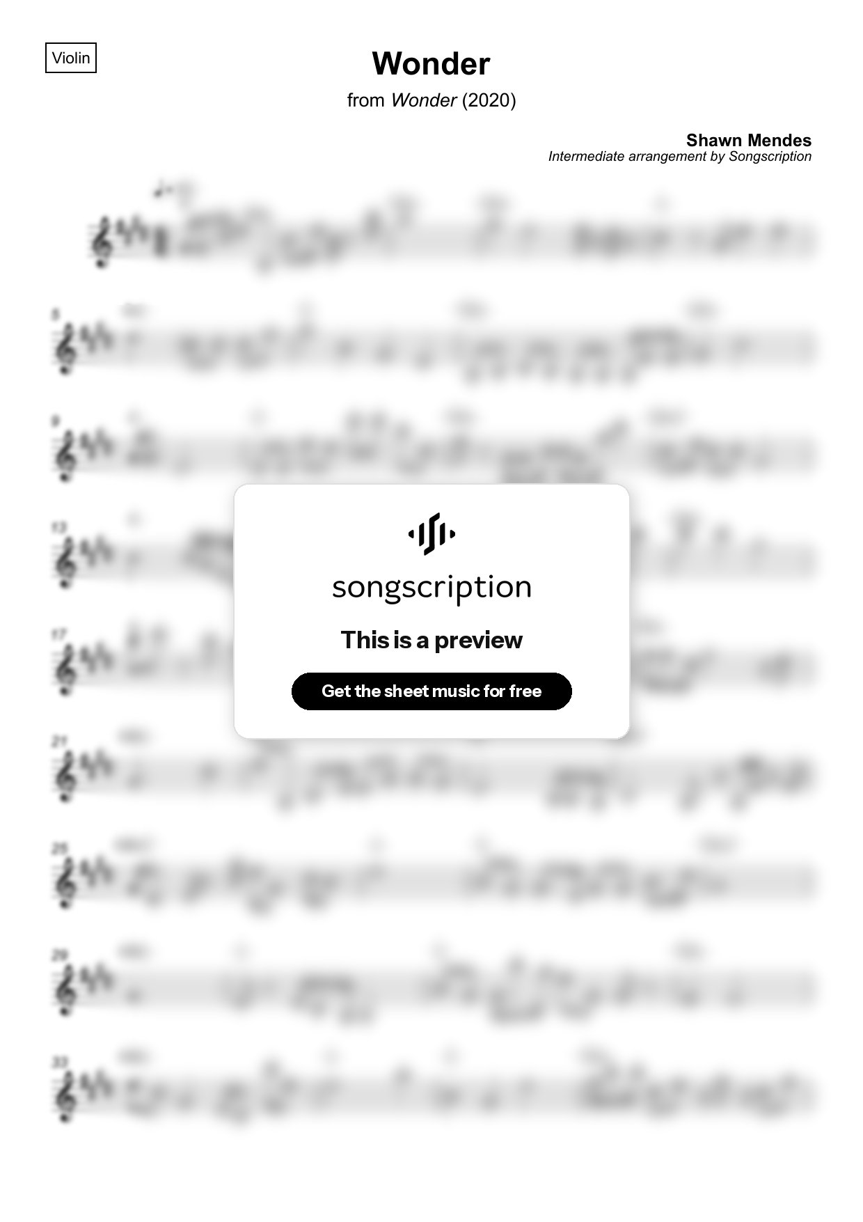 Intermediate Violin Sheet Music for "Wonder" by Shawn Mendes