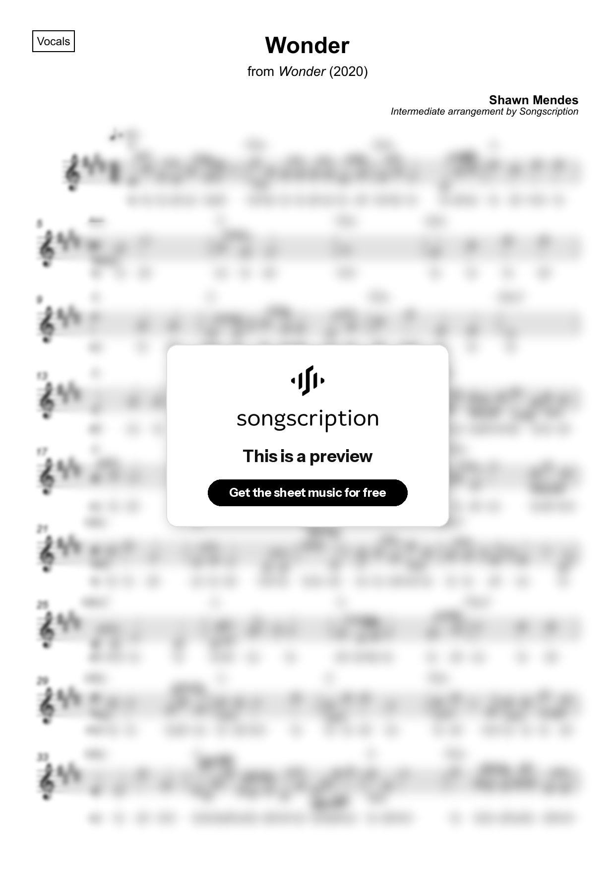 Intermediate Vocals Sheet Music for "Wonder" by Shawn Mendes