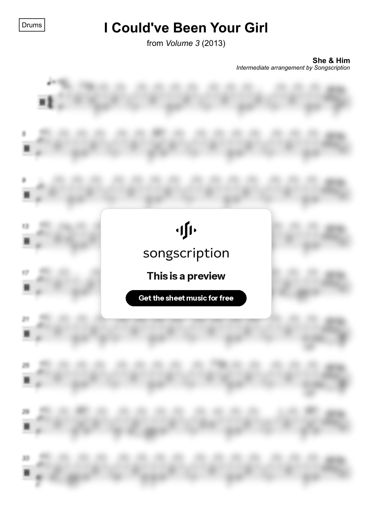 Intermediate Drums Sheet Music for "I Could've Been Your Girl" by She & Him