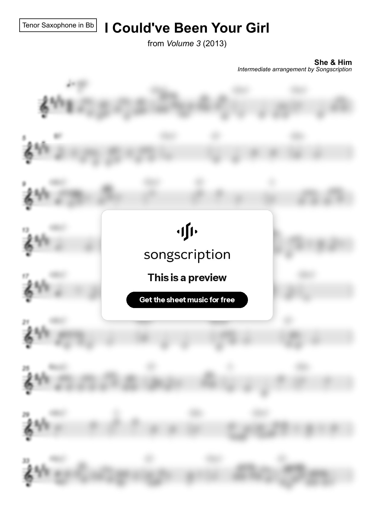 Intermediate Tenor Sax Sheet Music for "I Could've Been Your Girl" by She & Him