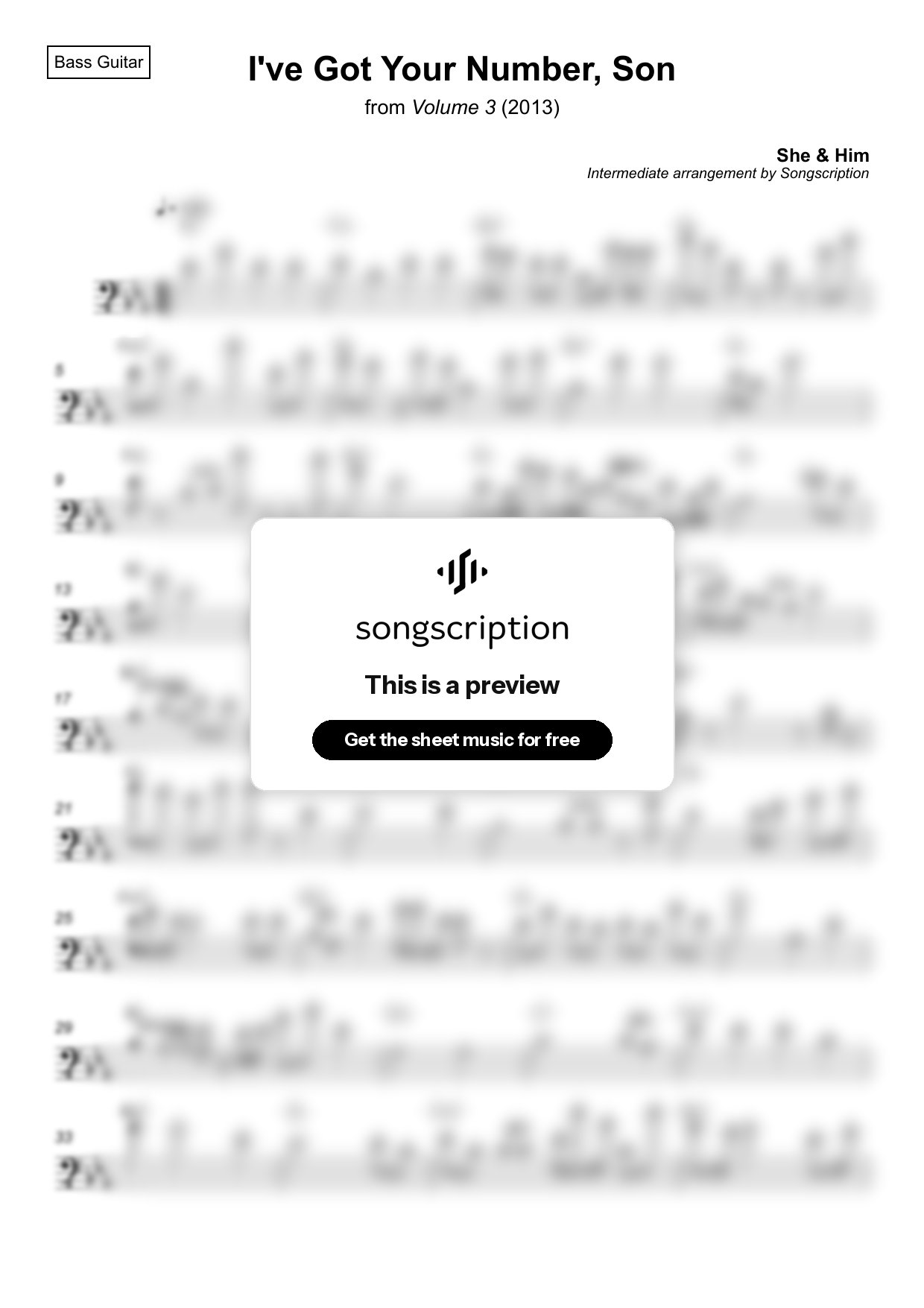 Intermediate Bass Guitar Sheet Music for "I've Got Your Number, Son" by She & Him