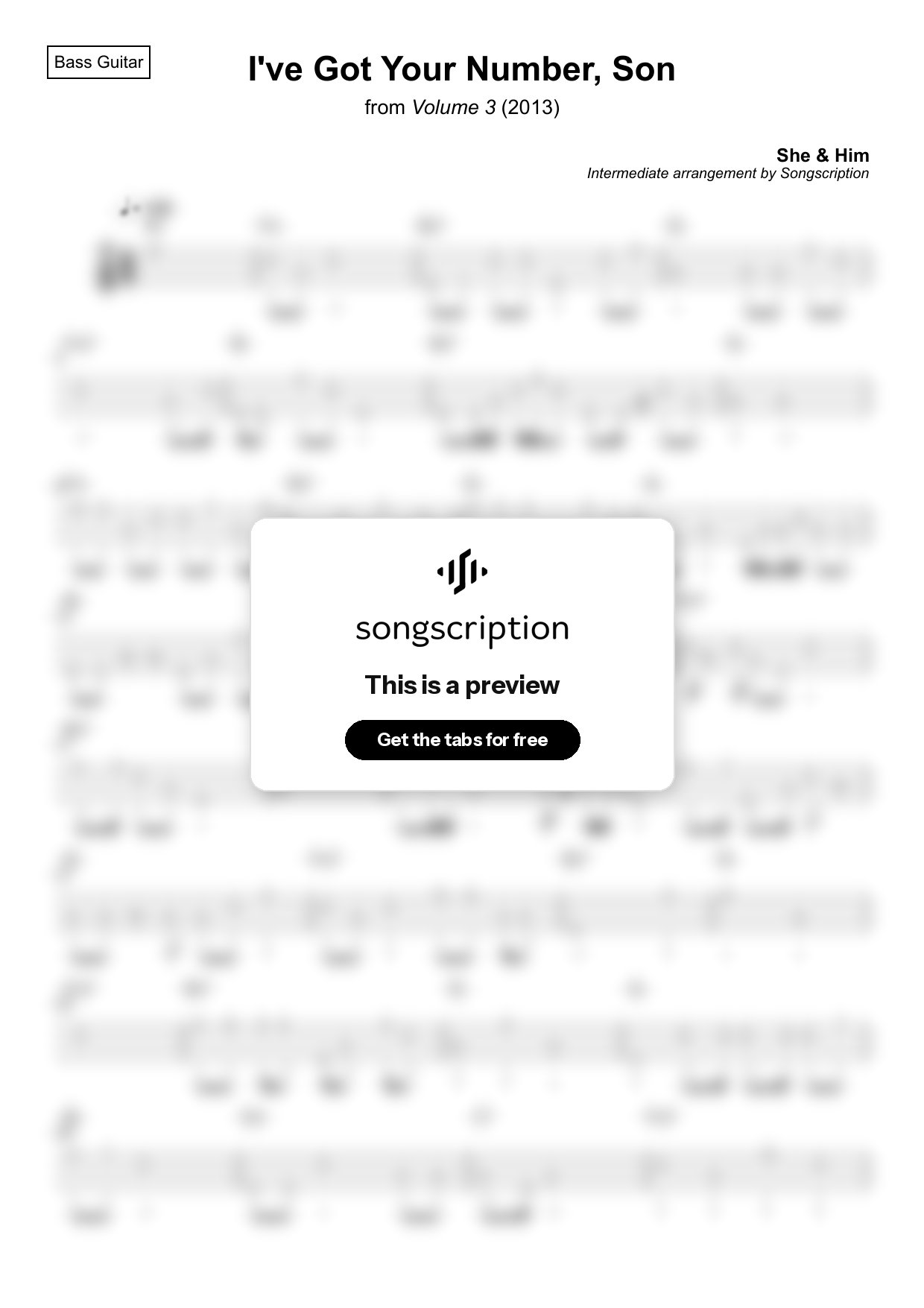 Intermediate Bass Guitar Tabs for "I've Got Your Number, Son" by She & Him