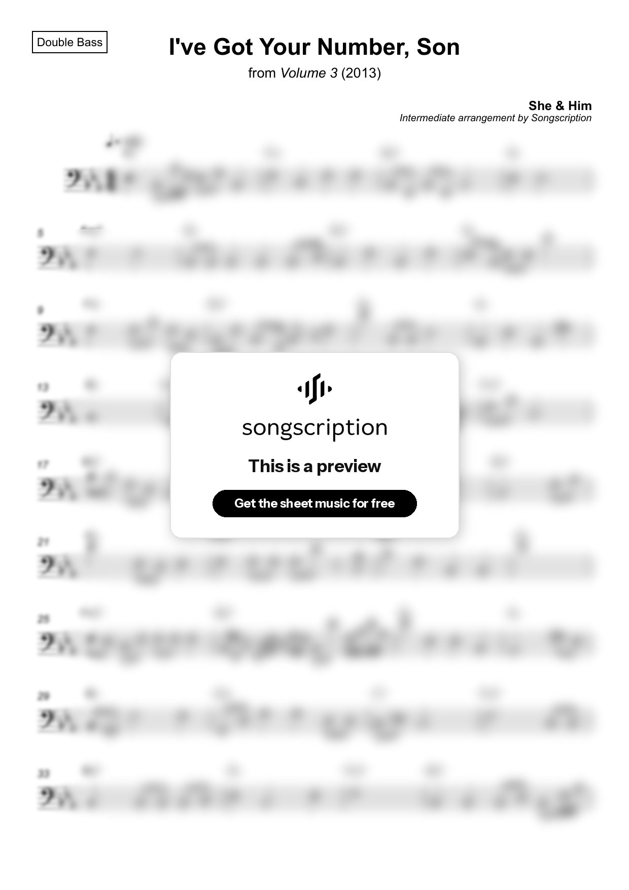 Intermediate Double Bass Sheet Music for "I've Got Your Number, Son" by She & Him