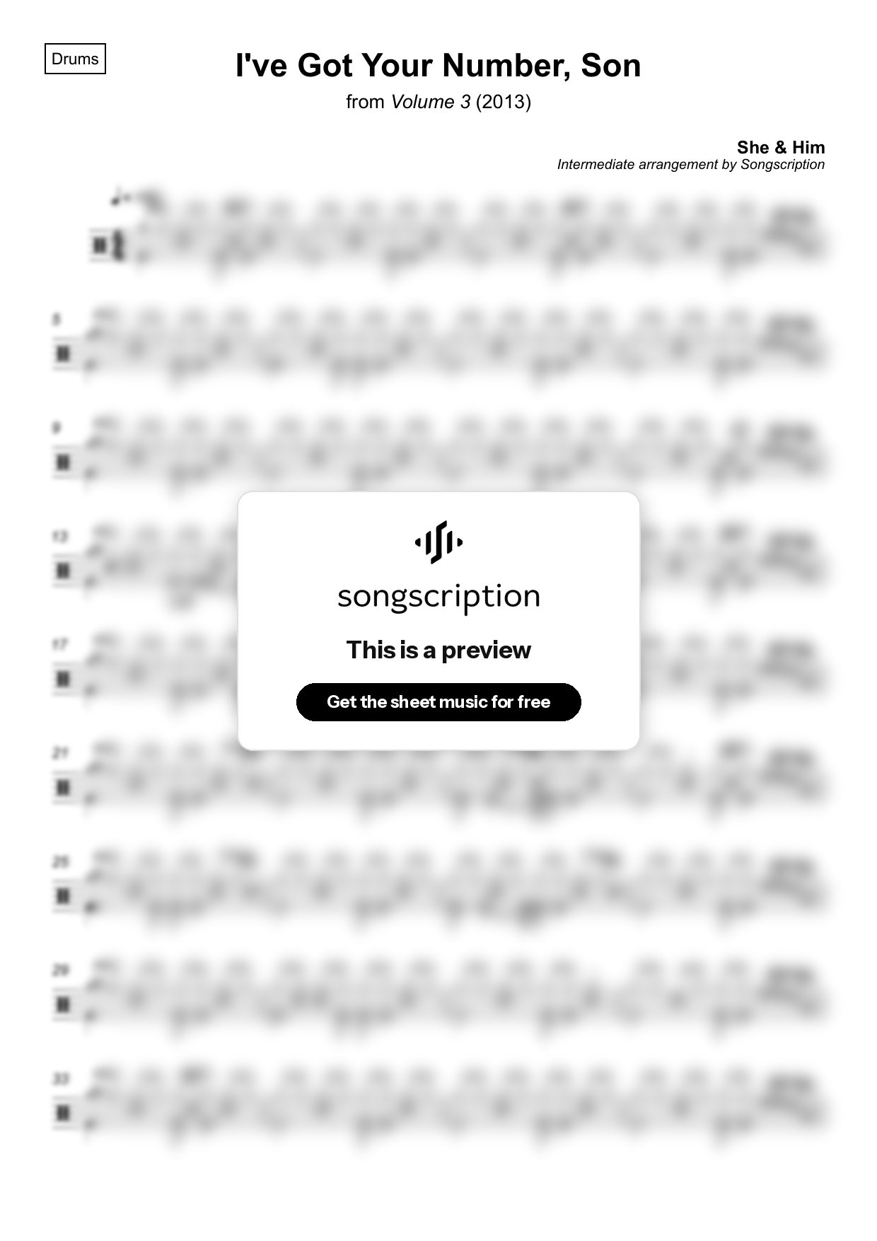 Intermediate Drums Sheet Music for "I've Got Your Number, Son" by She & Him