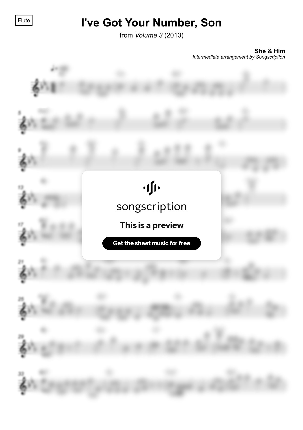Intermediate Flute Sheet Music for "I've Got Your Number, Son" by She & Him
