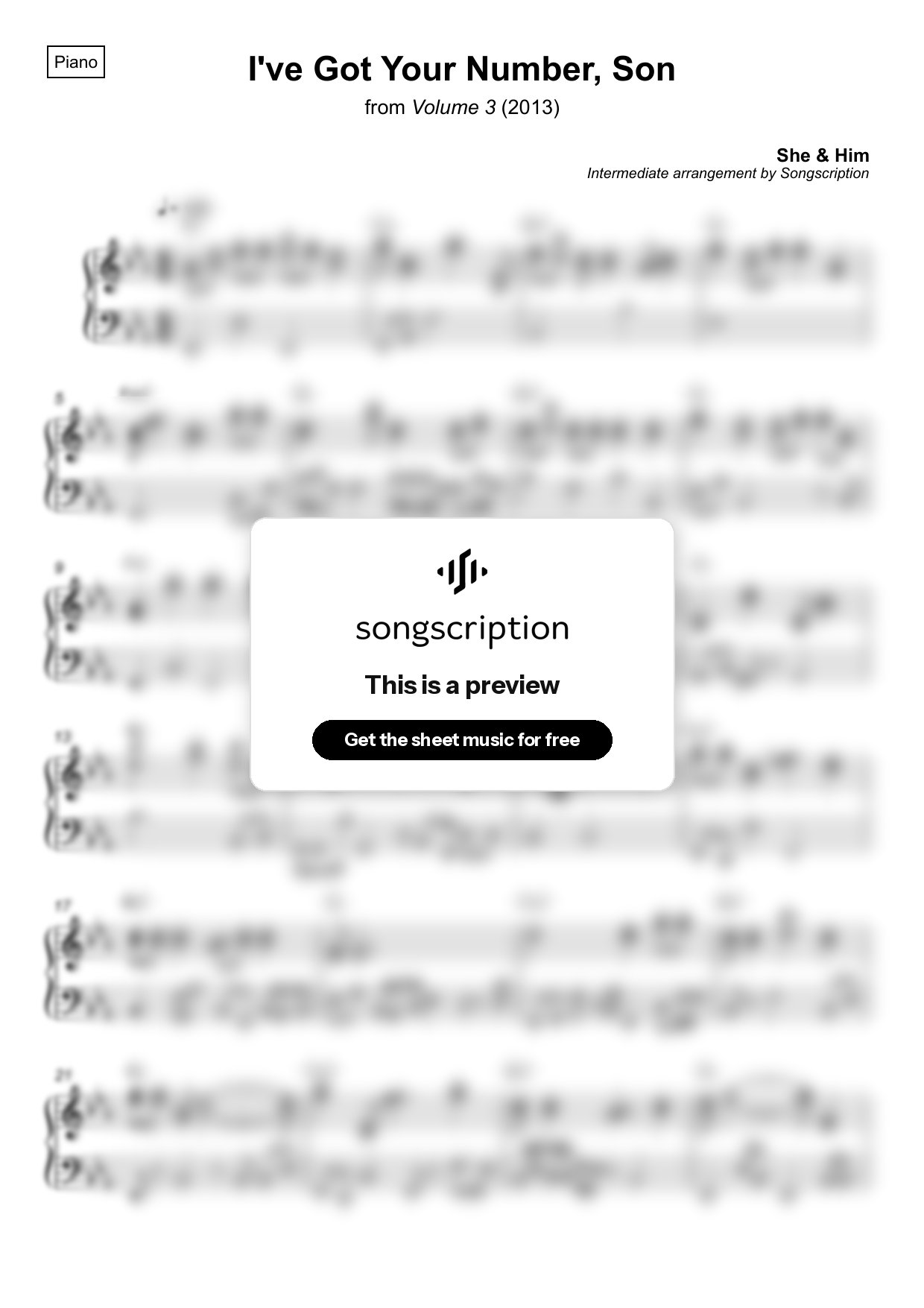 Intermediate Piano Sheet Music for "I've Got Your Number, Son" by She & Him