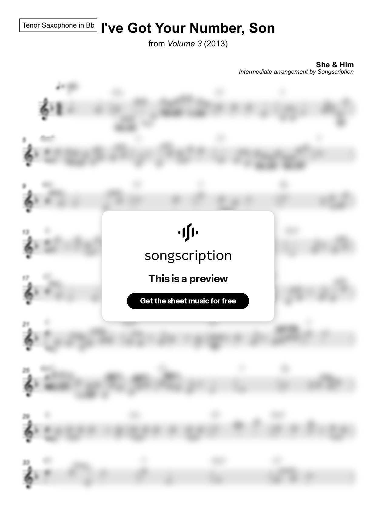 Intermediate Tenor Sax Sheet Music for "I've Got Your Number, Son" by She & Him