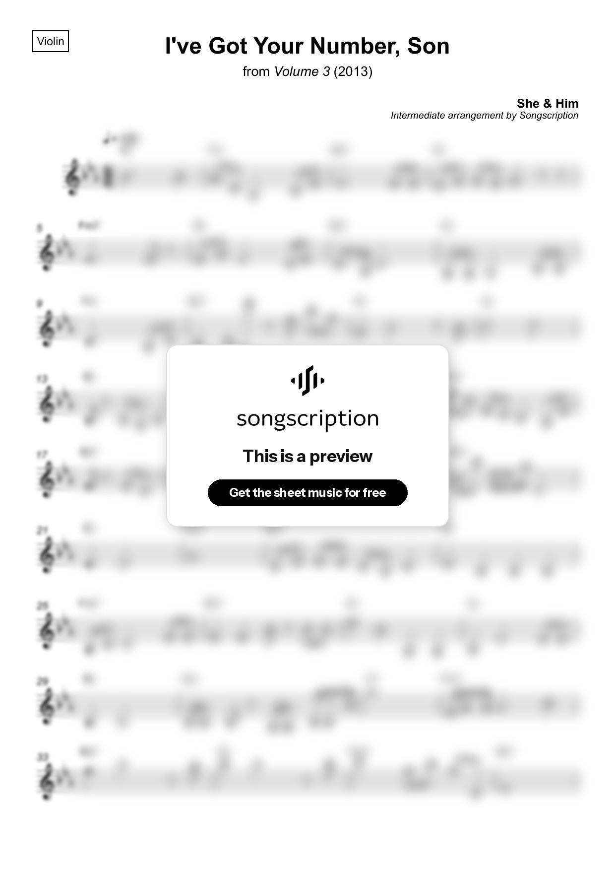 Intermediate Violin Sheet Music for "I've Got Your Number, Son" by She & Him