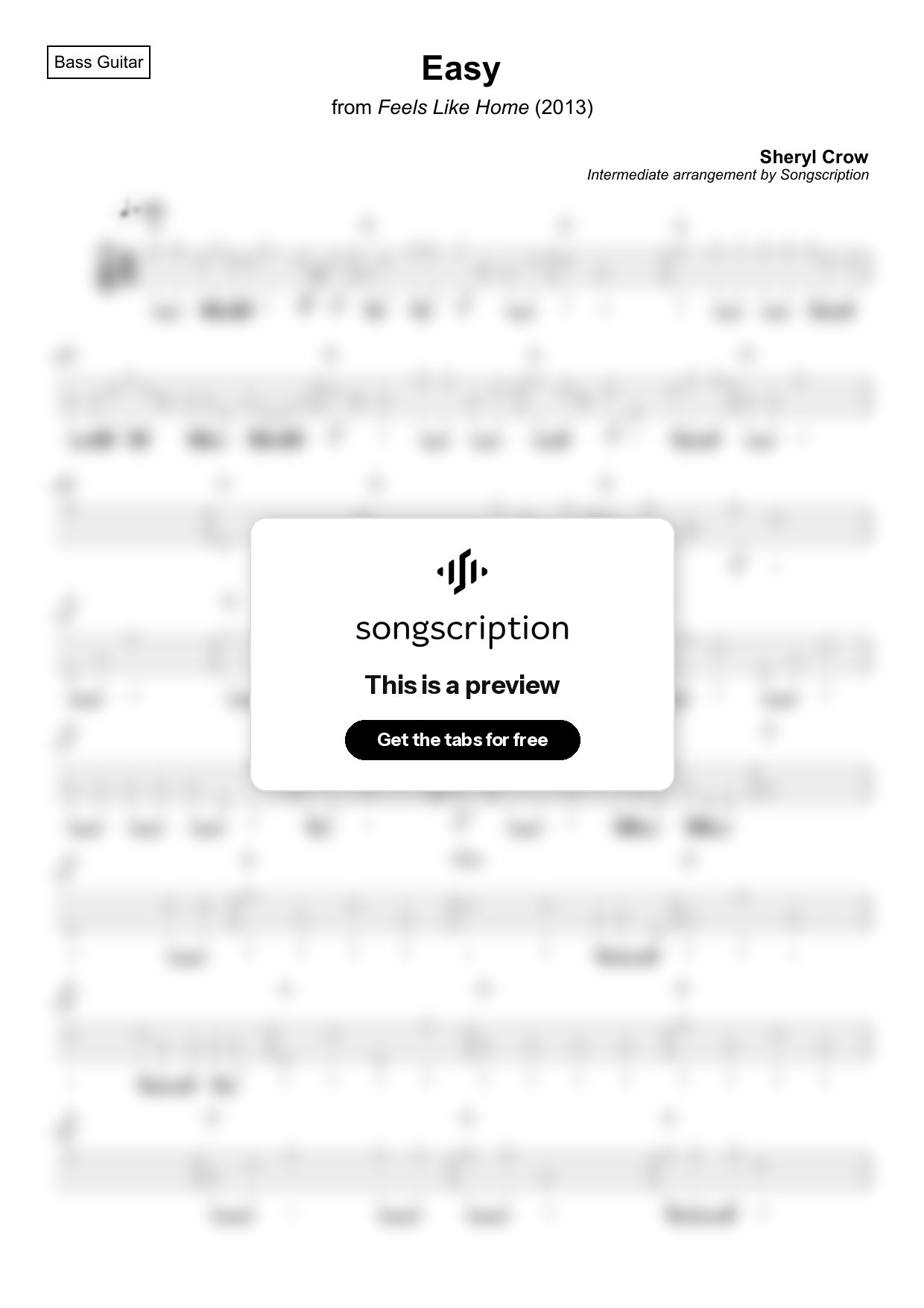Intermediate Bass Guitar Tabs for "Easy" by Sheryl Crow