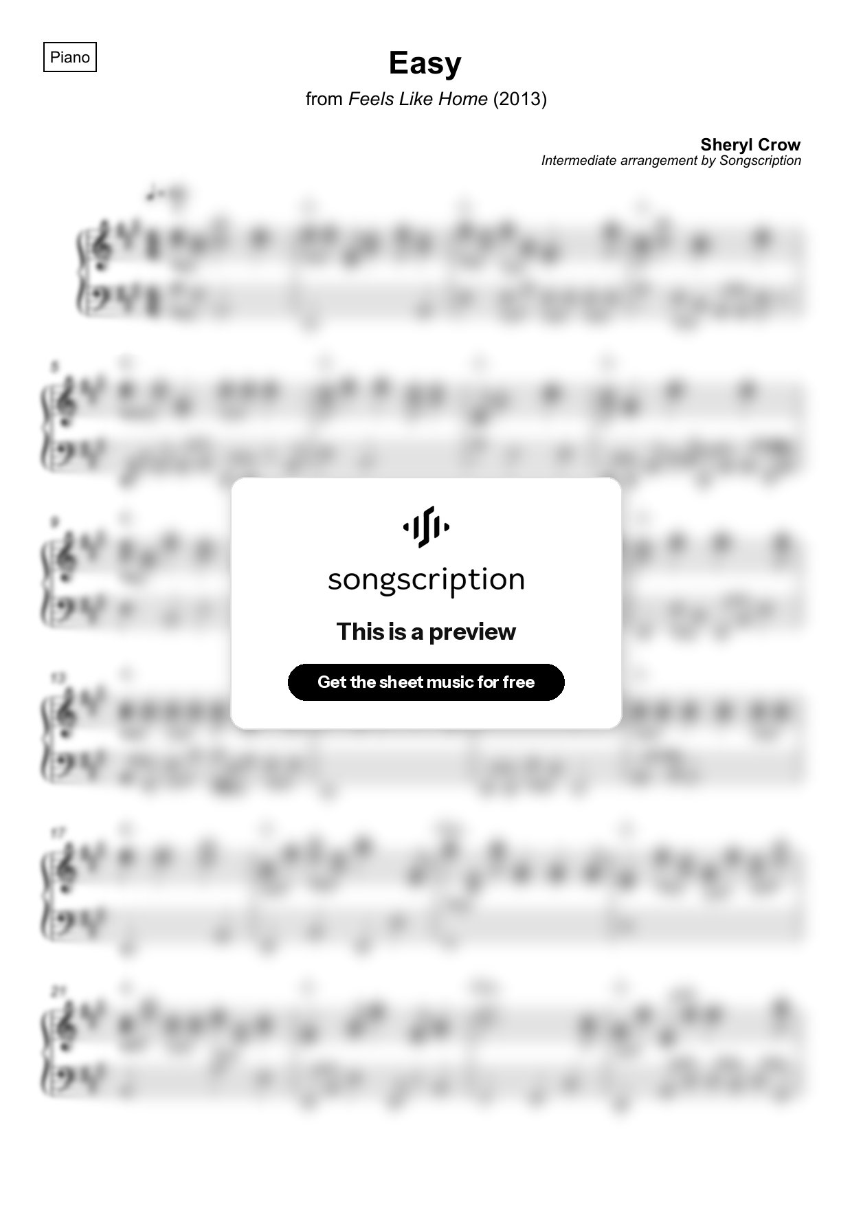 Intermediate Piano Sheet Music for "Easy" by Sheryl Crow