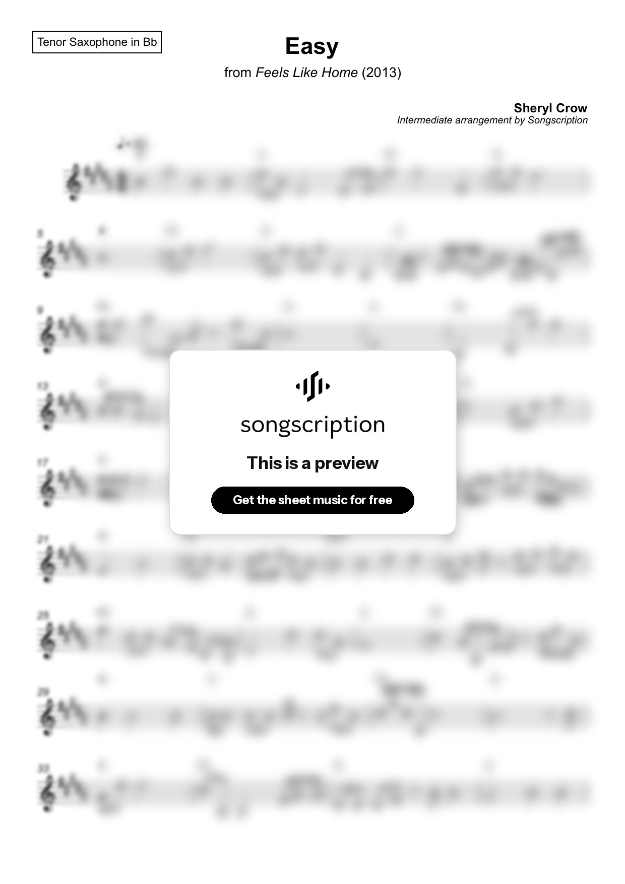 Intermediate Tenor Sax Sheet Music for "Easy" by Sheryl Crow