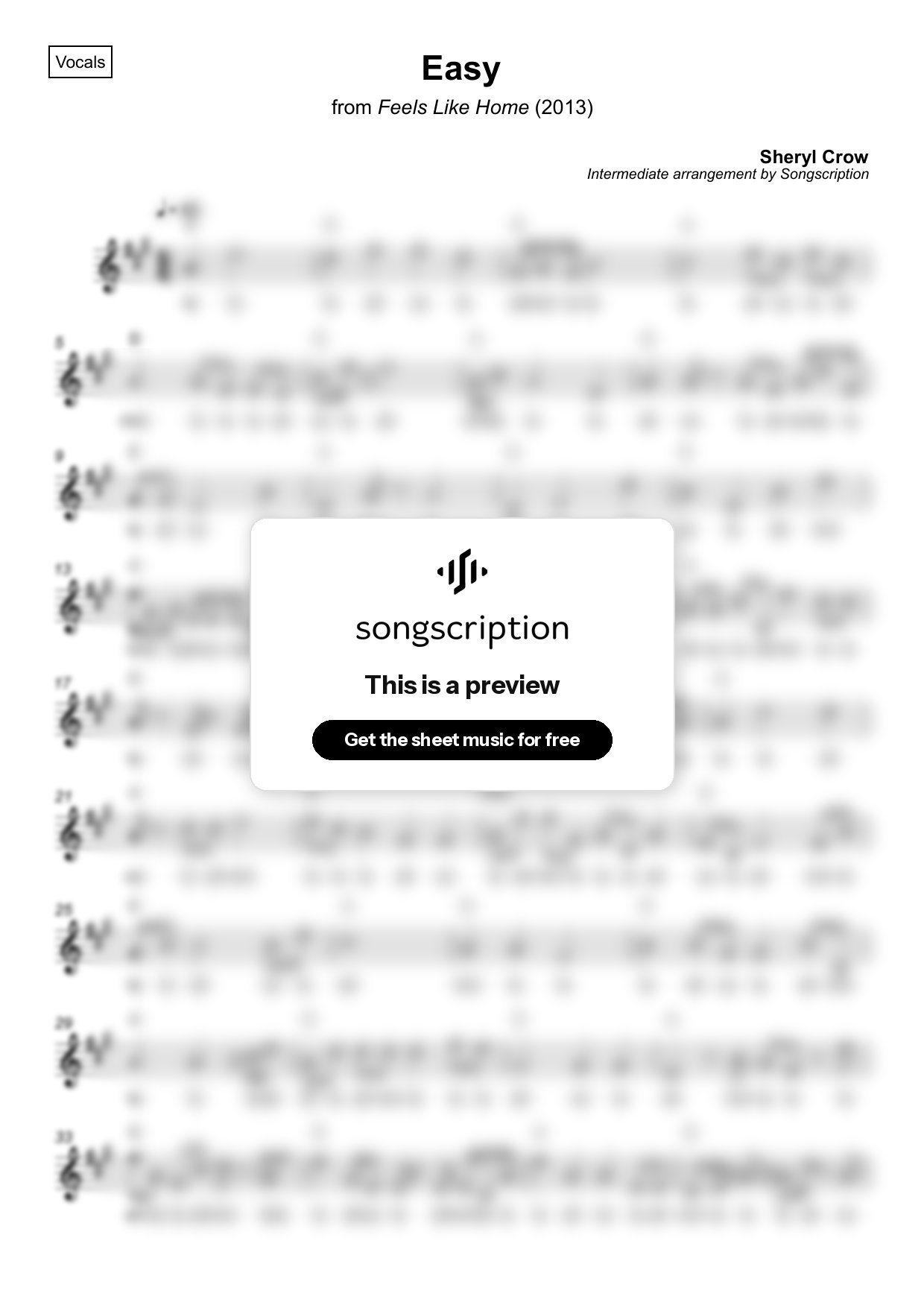Intermediate Vocals Sheet Music for "Easy" by Sheryl Crow
