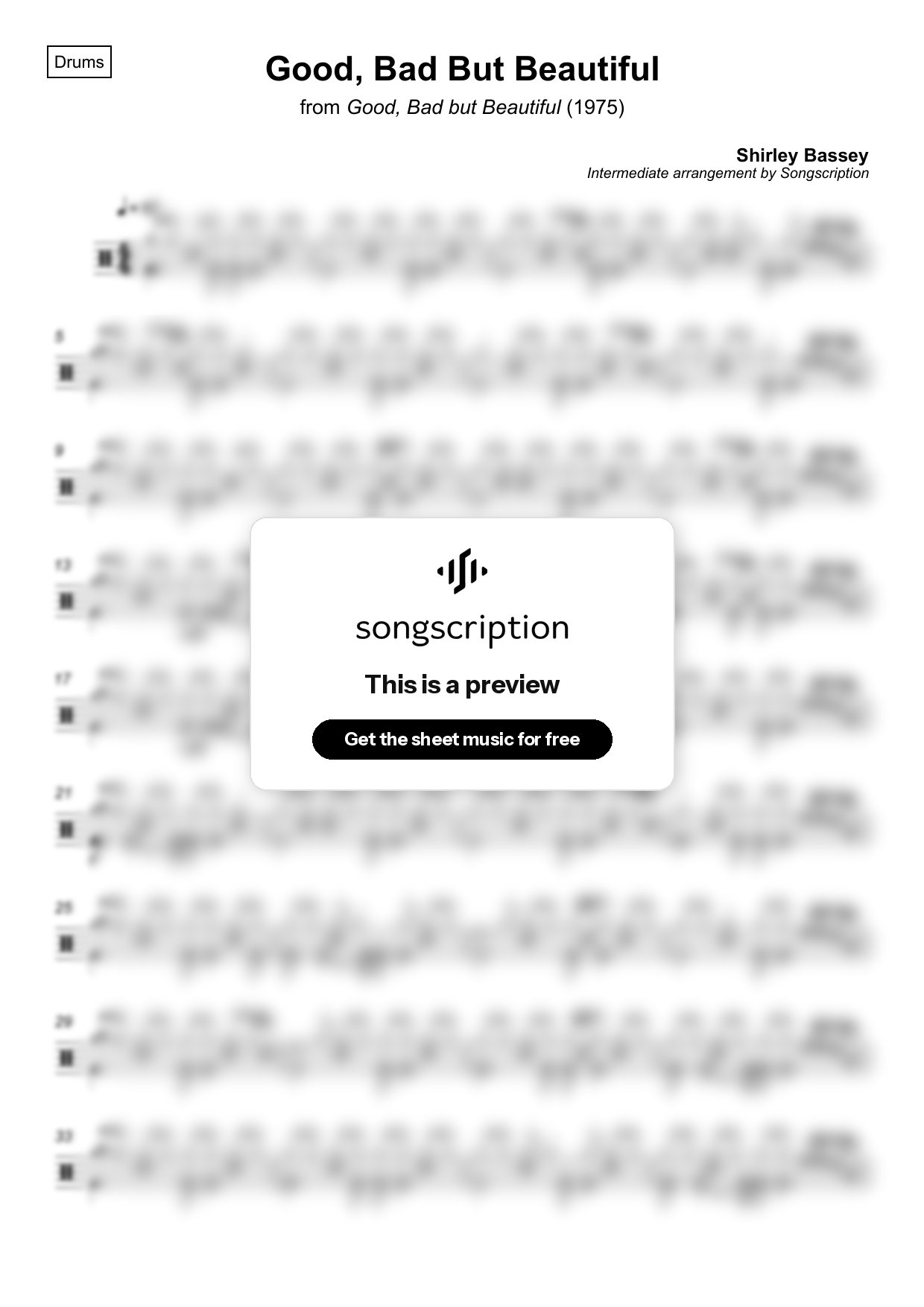 Intermediate Drums Sheet Music for "Good, Bad But Beautiful" by Shirley Bassey