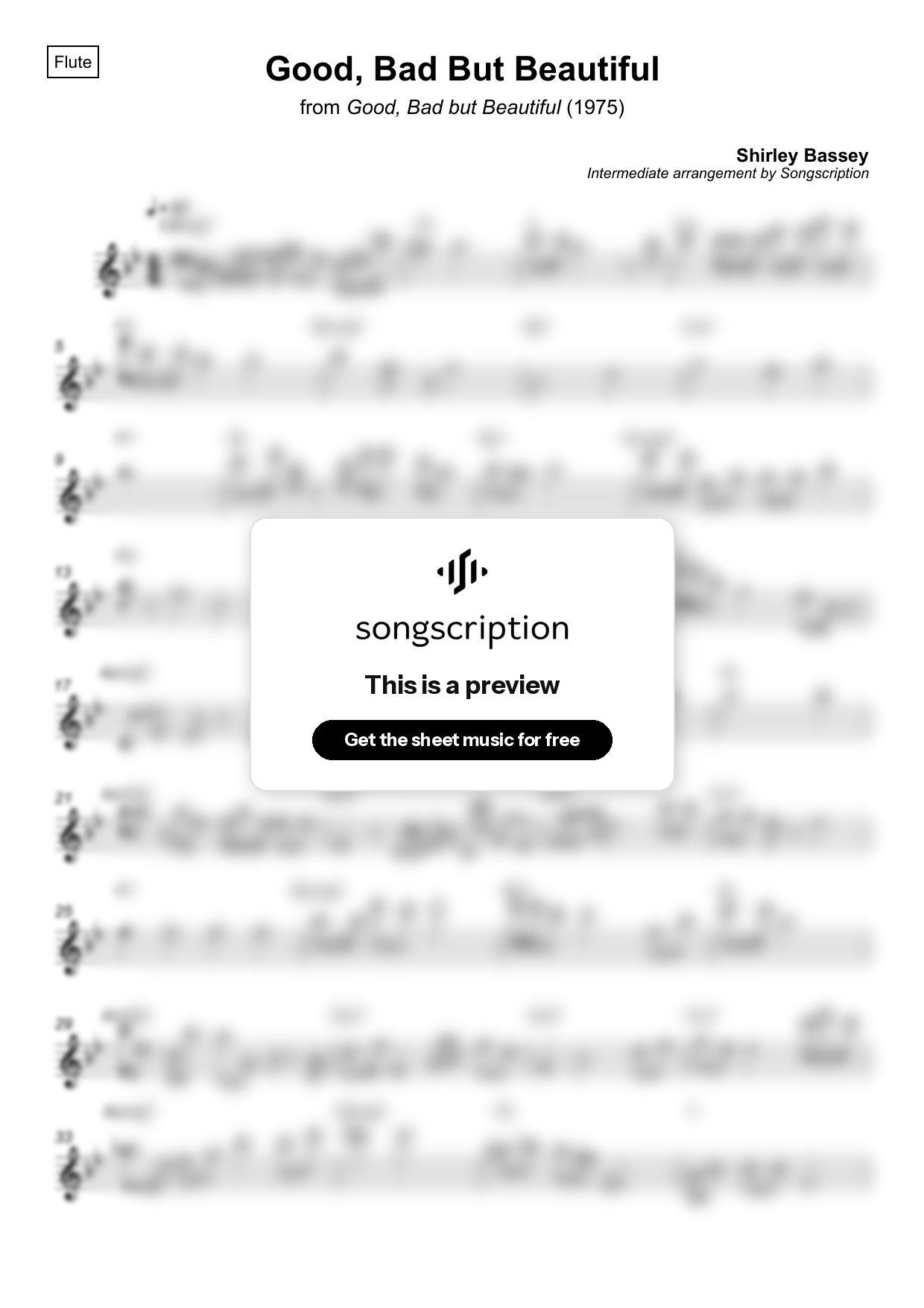Intermediate Flute Sheet Music for "Good, Bad But Beautiful" by Shirley Bassey
