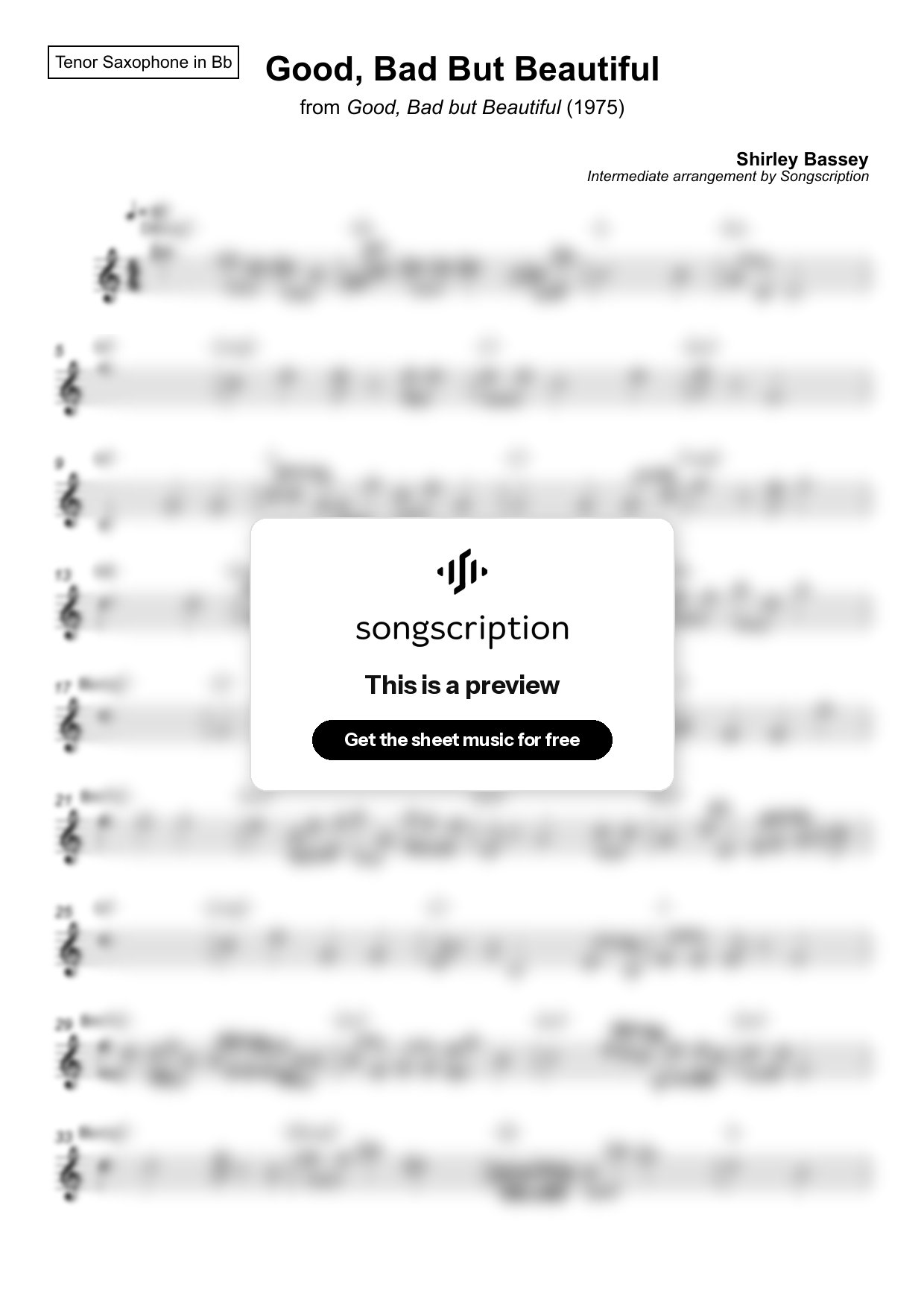 Intermediate Tenor Sax Sheet Music for "Good, Bad But Beautiful" by Shirley Bassey