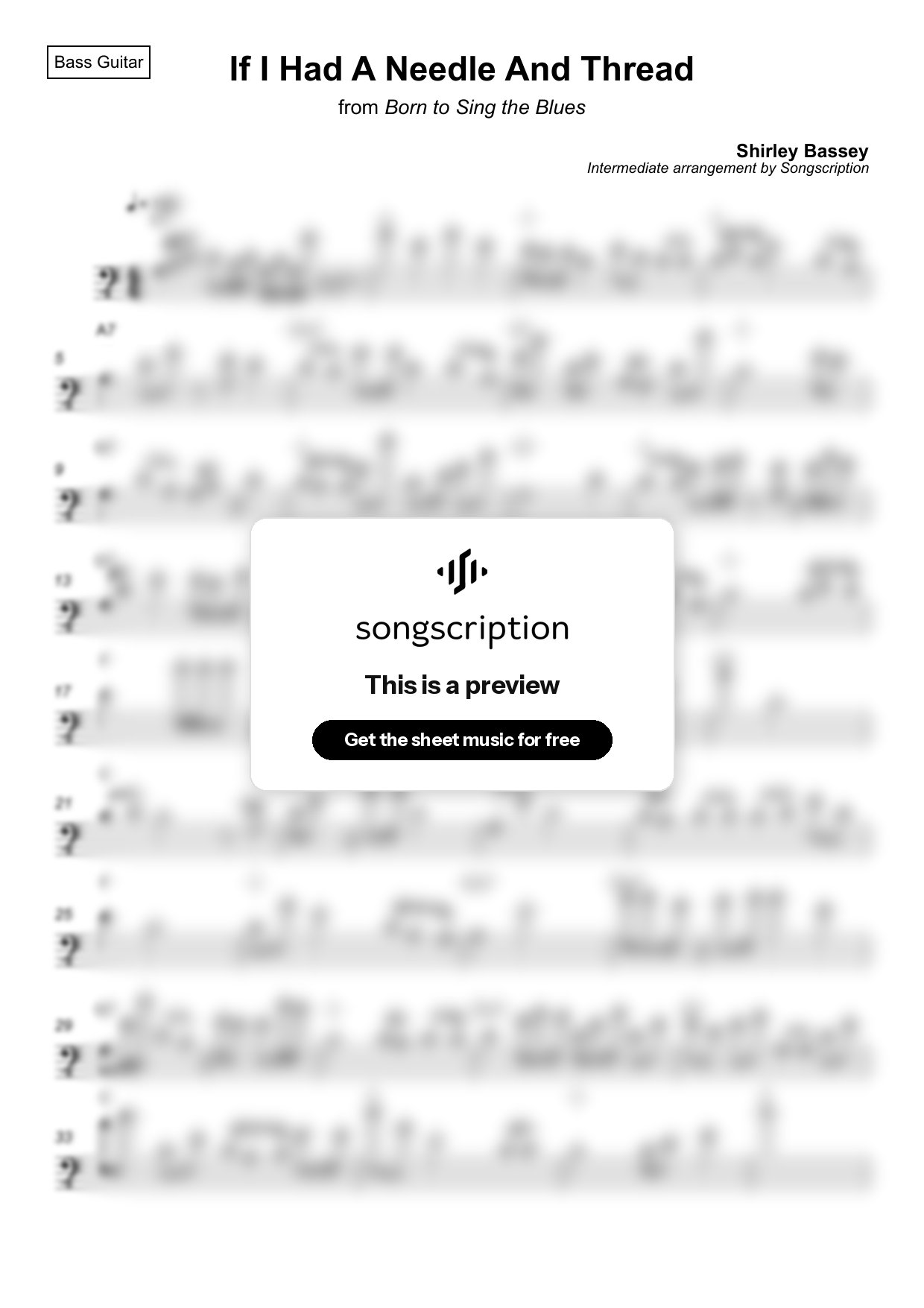Intermediate Bass Guitar Sheet Music for "If I Had A Needle And Thread" by Shirley Bassey
