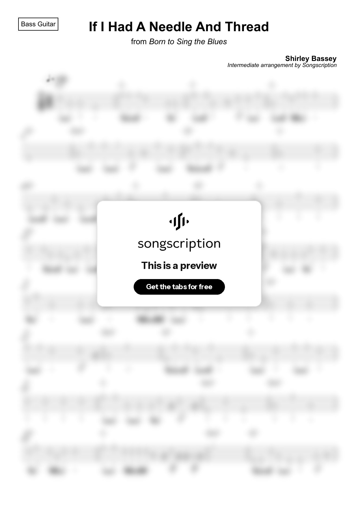 Intermediate Bass Guitar Tabs for "If I Had A Needle And Thread" by Shirley Bassey