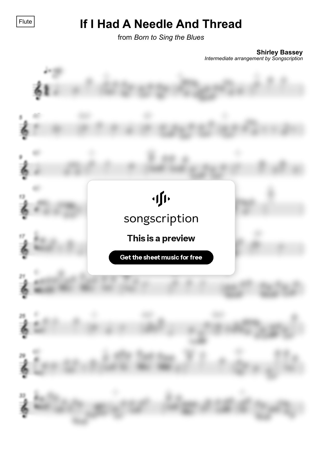 Intermediate Flute Sheet Music for "If I Had A Needle And Thread" by Shirley Bassey