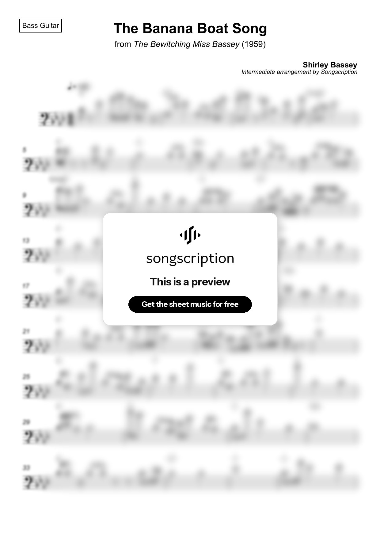 Intermediate Bass Guitar Sheet Music for "The Banana Boat Song" by Shirley Bassey