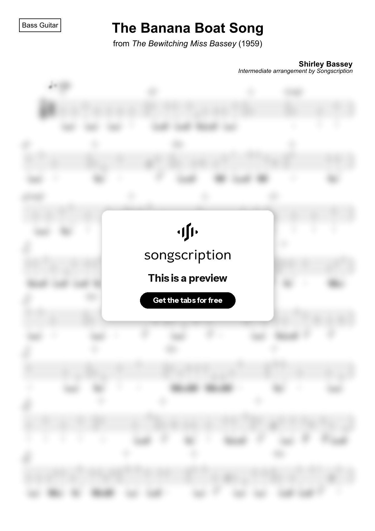 Intermediate Bass Guitar Tabs for "The Banana Boat Song" by Shirley Bassey