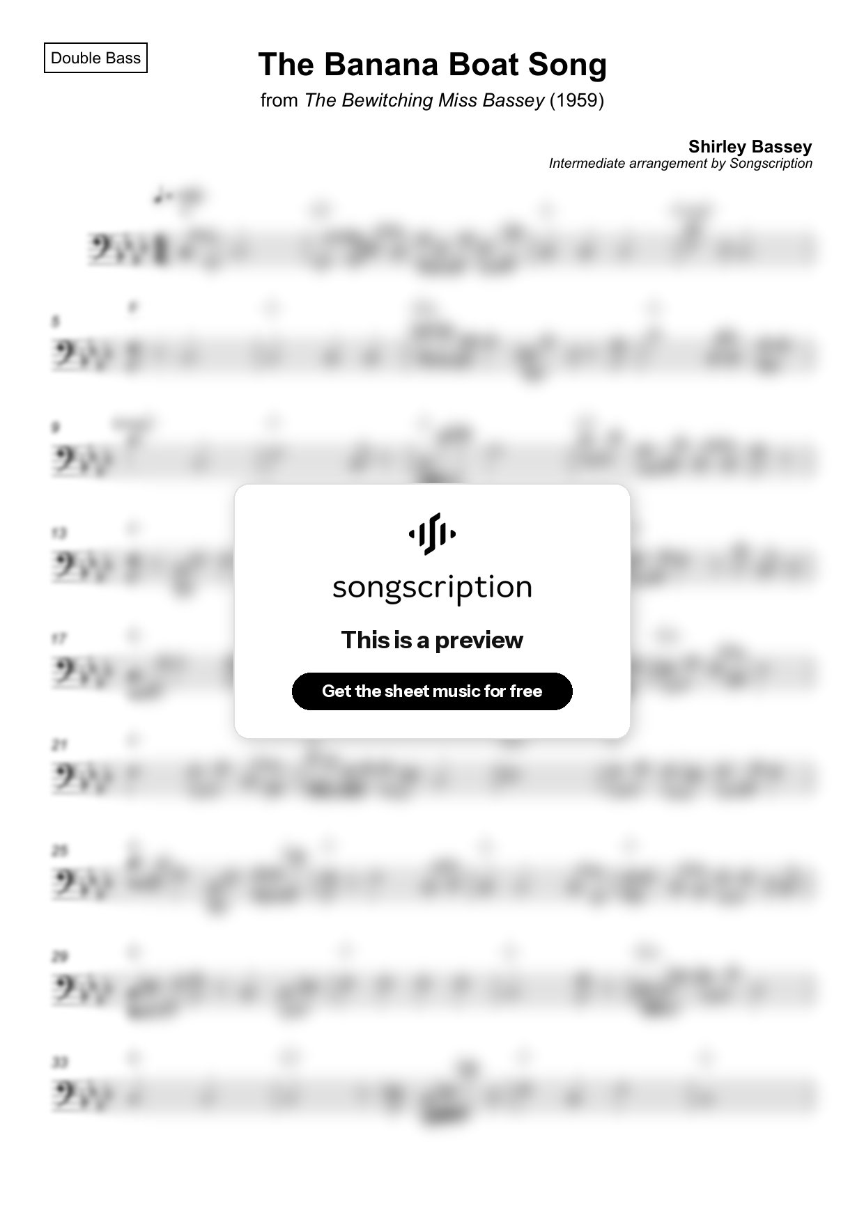 Intermediate Double Bass Sheet Music for "The Banana Boat Song" by Shirley Bassey