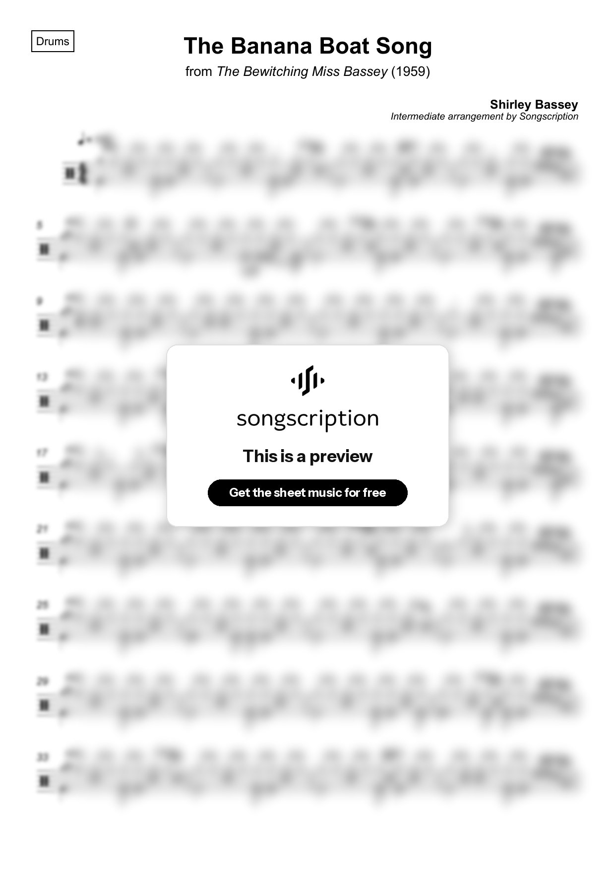 Intermediate Drums Sheet Music for "The Banana Boat Song" by Shirley Bassey