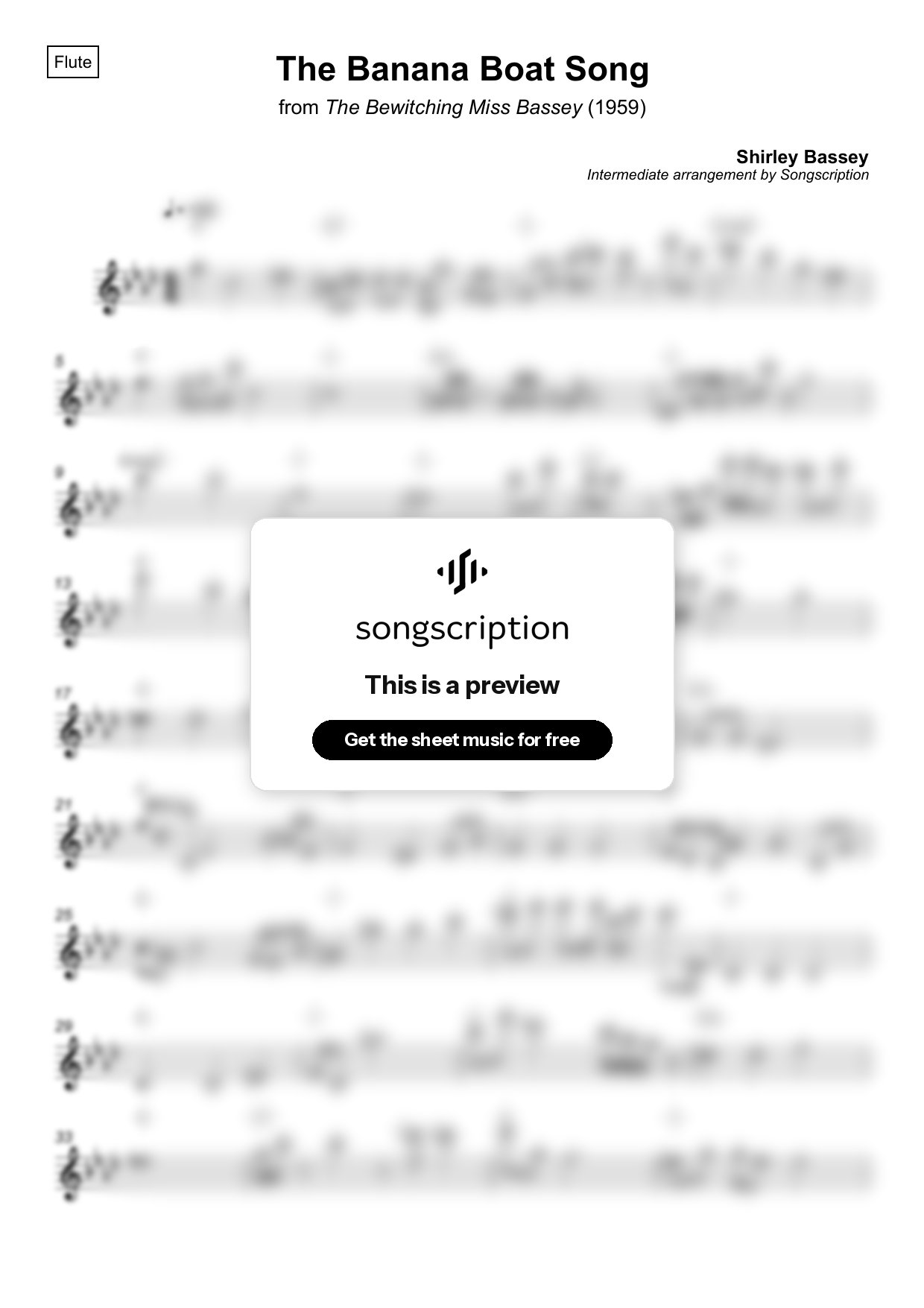 Intermediate Flute Sheet Music for "The Banana Boat Song" by Shirley Bassey
