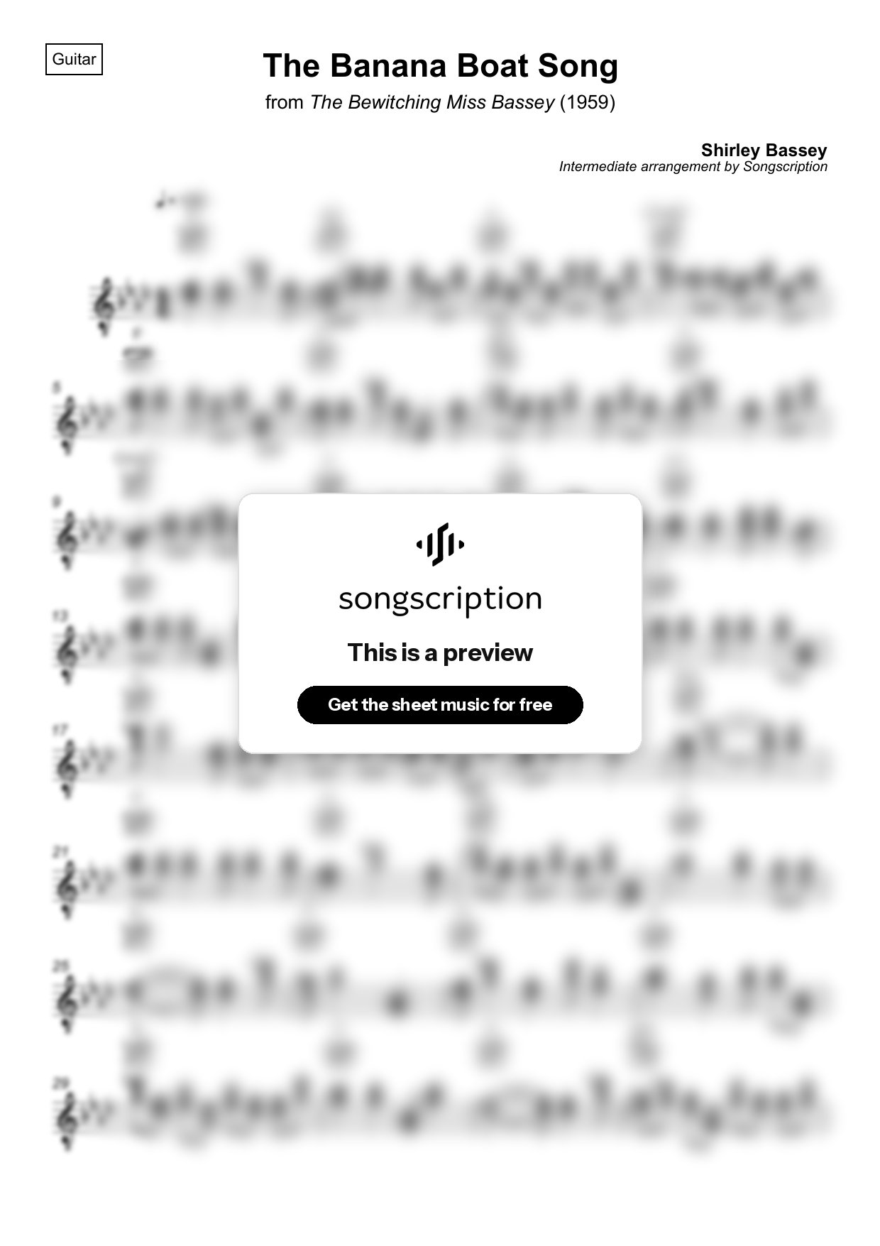 Intermediate Acoustic Guitar Sheet Music for "The Banana Boat Song" by Shirley Bassey