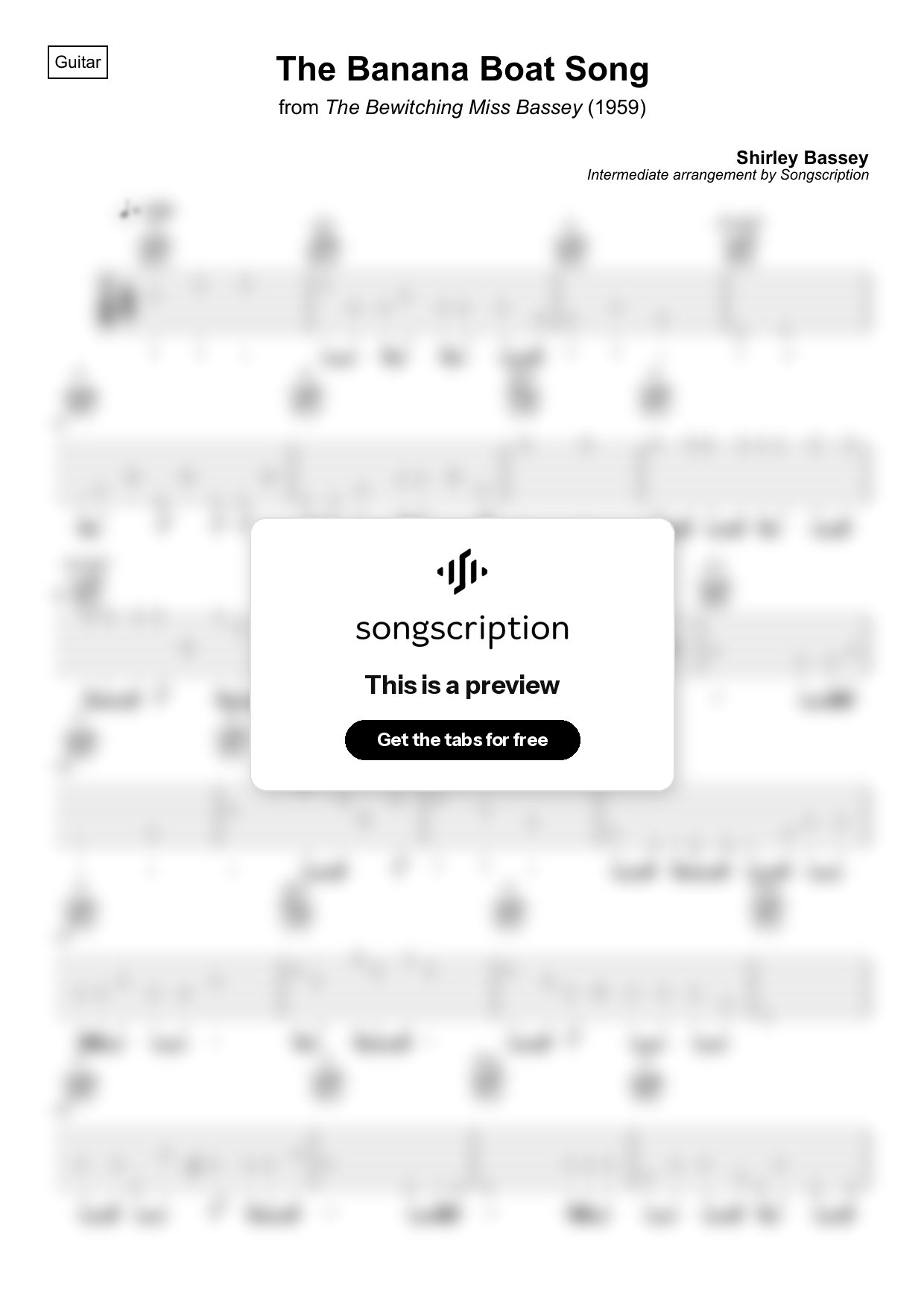 Intermediate Acoustic Guitar Tabs for "The Banana Boat Song" by Shirley Bassey