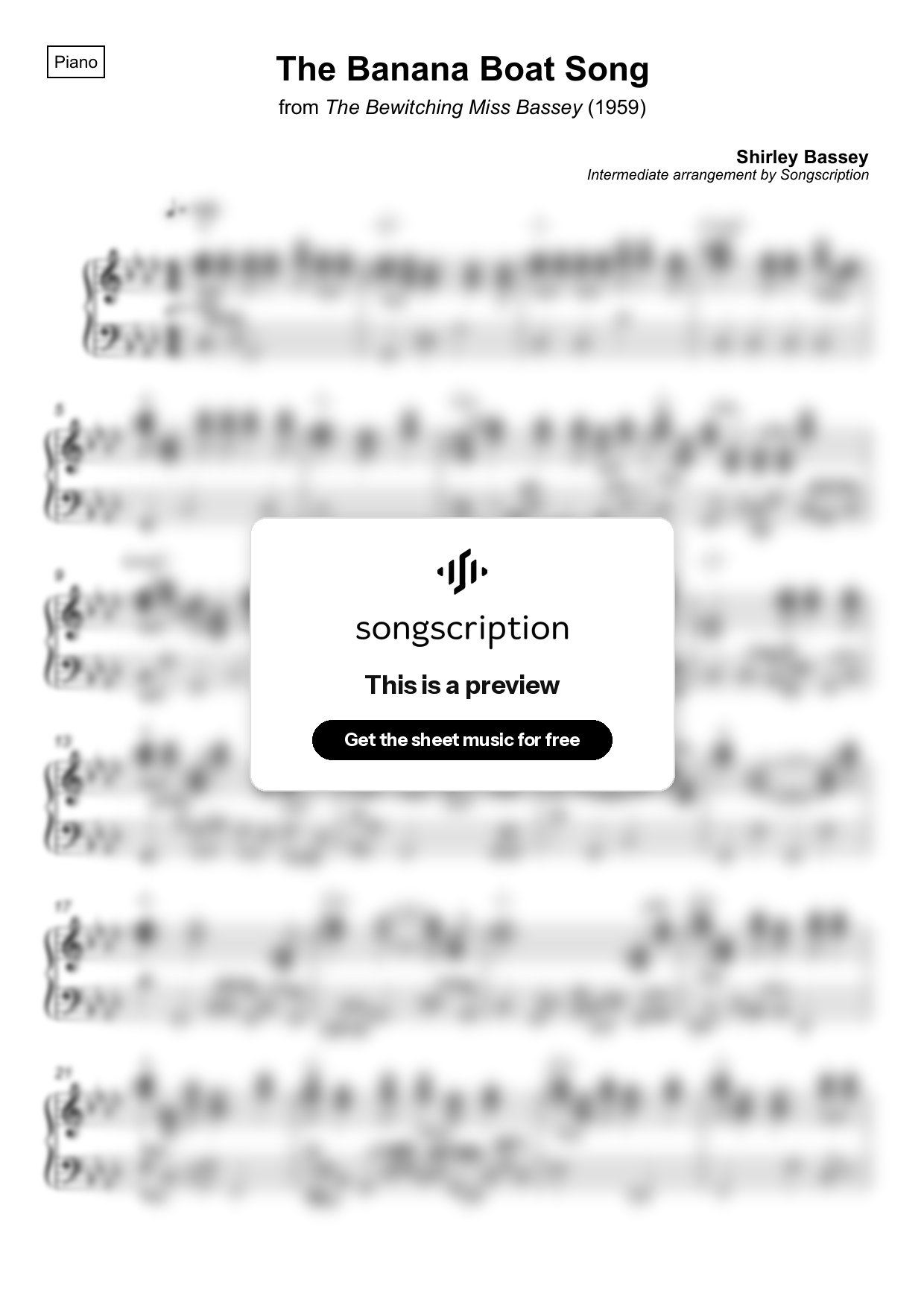 Intermediate Piano Sheet Music for "The Banana Boat Song" by Shirley Bassey