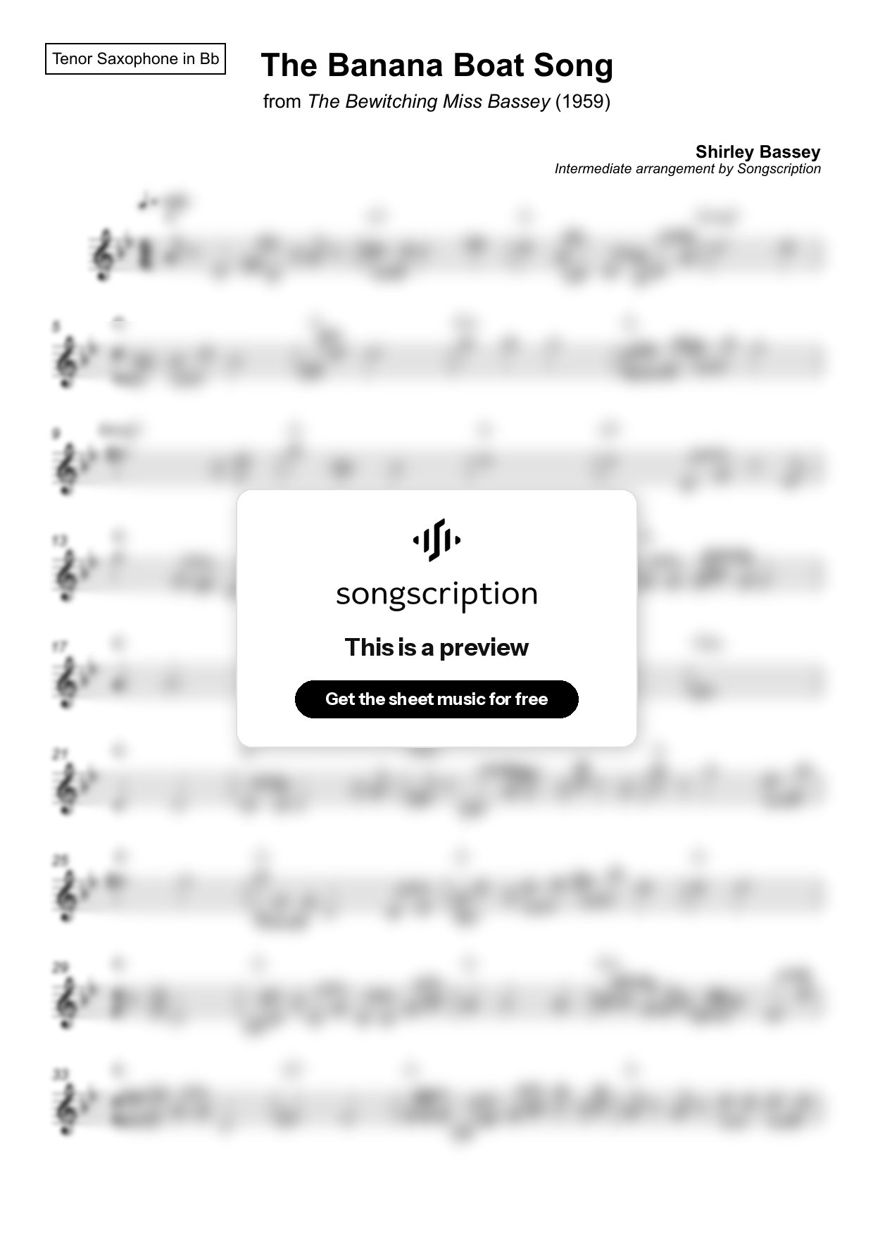 Intermediate Tenor Sax Sheet Music for "The Banana Boat Song" by Shirley Bassey
