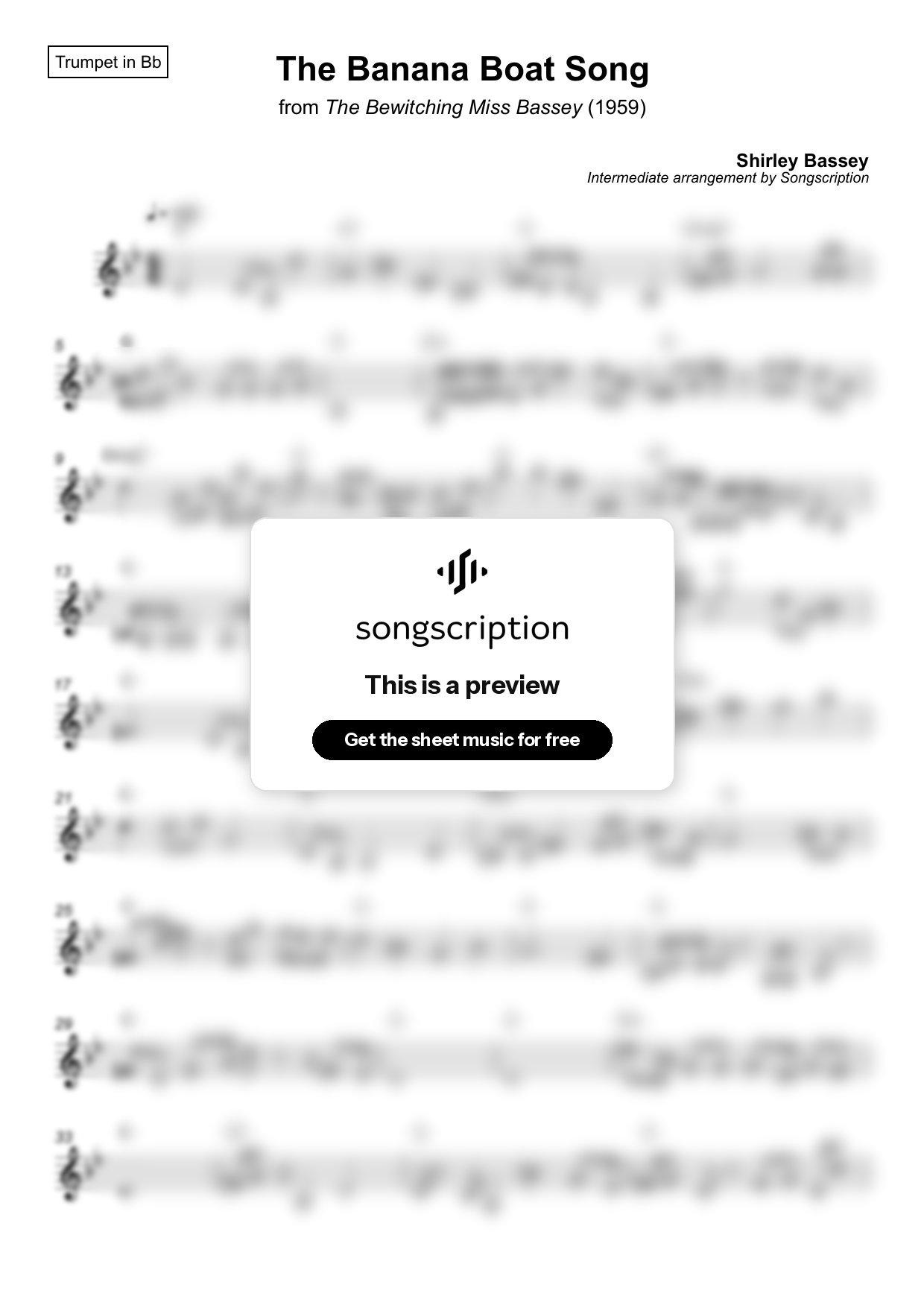 Intermediate Trumpet Sheet Music for "The Banana Boat Song" by Shirley Bassey