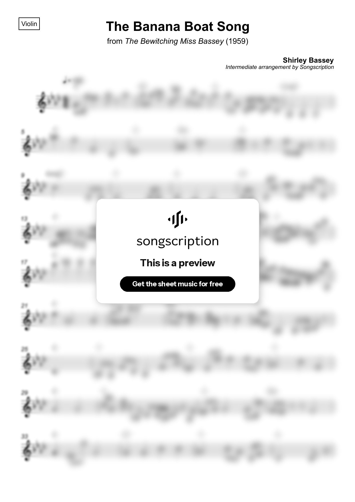 Intermediate Violin Sheet Music for "The Banana Boat Song" by Shirley Bassey