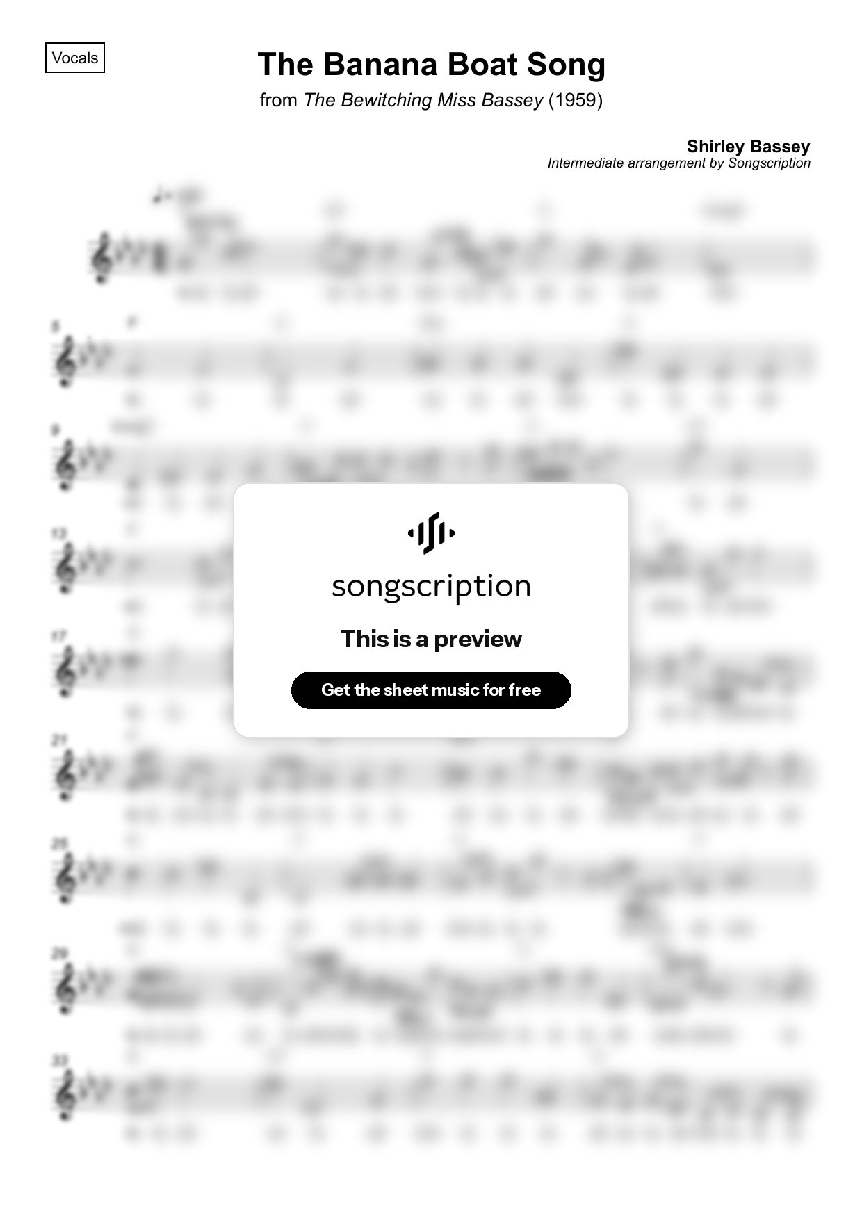 Intermediate Vocals Sheet Music for "The Banana Boat Song" by Shirley Bassey
