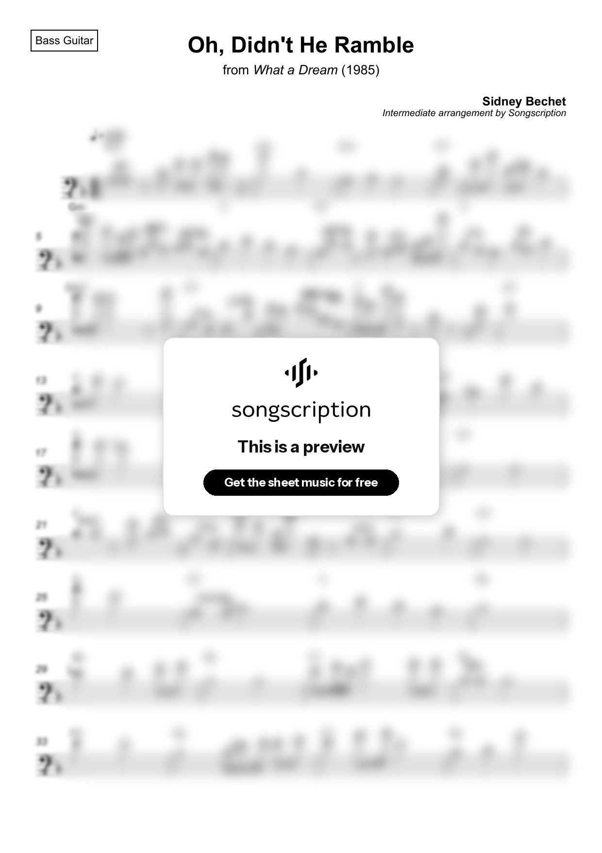 Intermediate Bass Guitar Sheet Music for "Oh, Didn't He Ramble" by Sidney Bechet