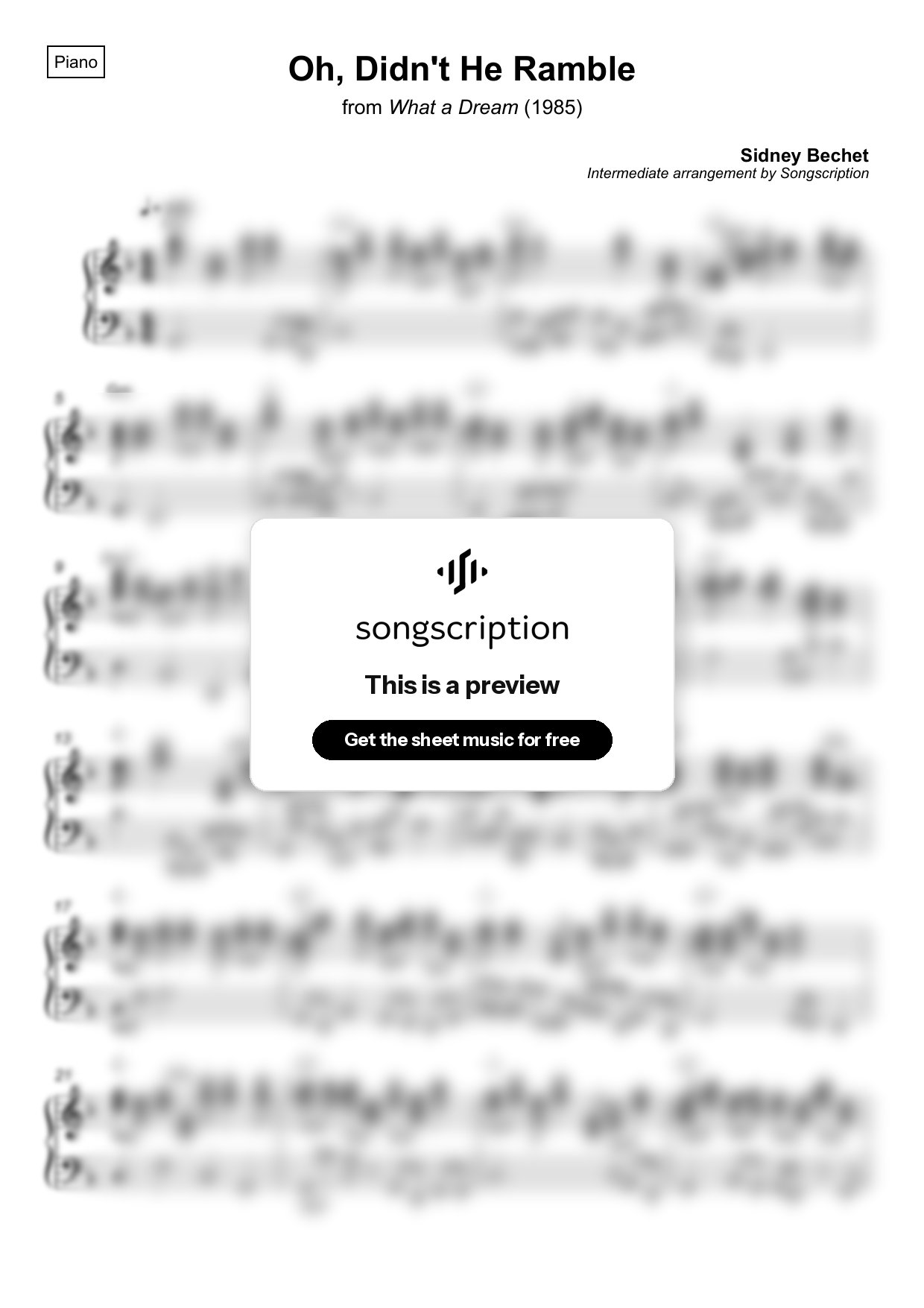 Intermediate Piano Sheet Music for "Oh, Didn't He Ramble" by Sidney Bechet