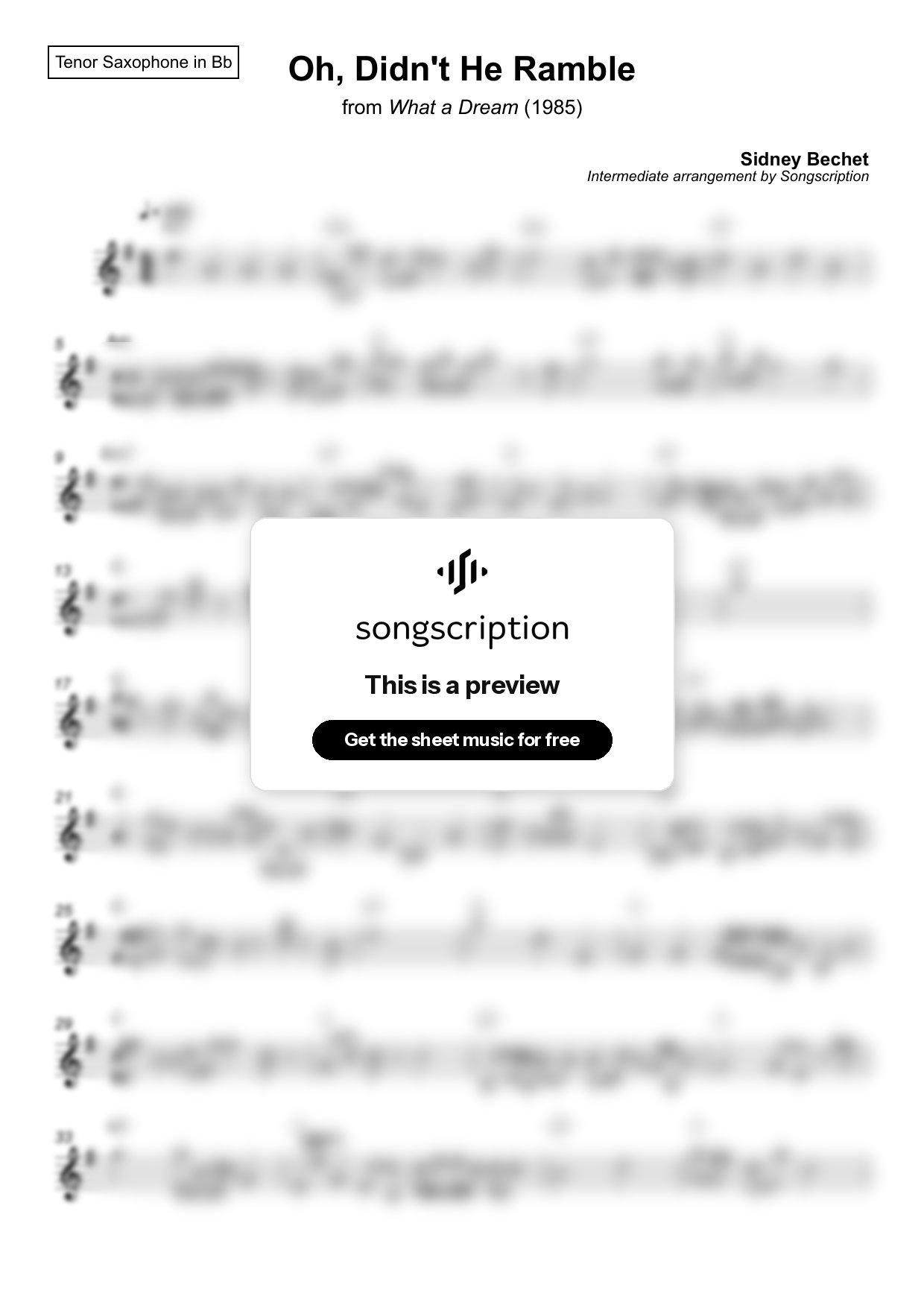 Intermediate Tenor Sax Sheet Music for "Oh, Didn't He Ramble" by Sidney Bechet