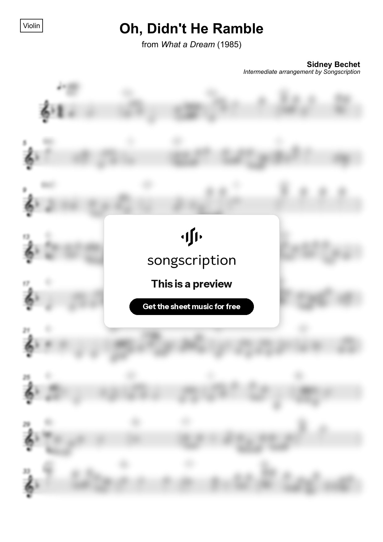 Intermediate Violin Sheet Music for "Oh, Didn't He Ramble" by Sidney Bechet
