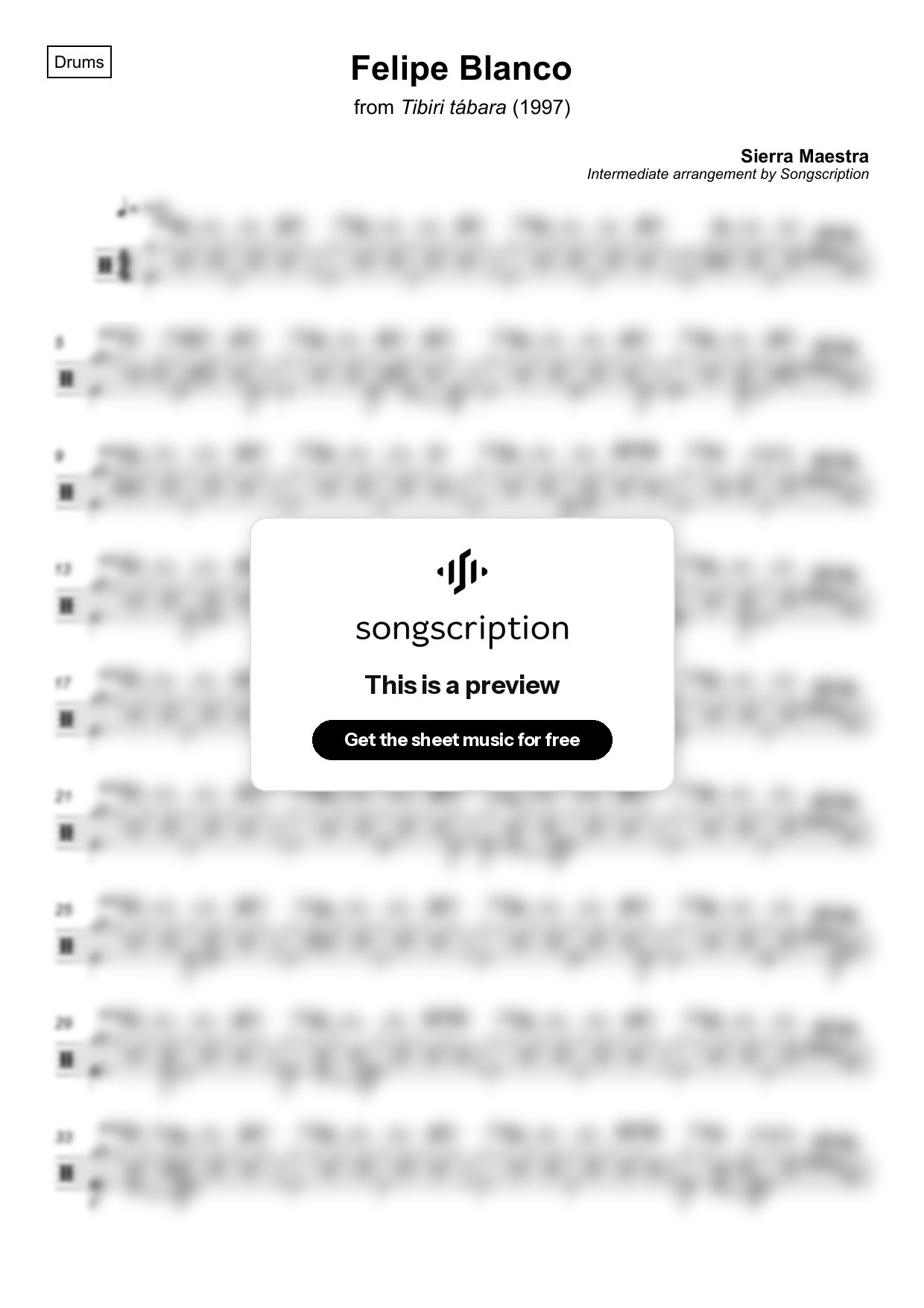 Intermediate Drums Sheet Music for "Felipe Blanco" by Sierra Maestra