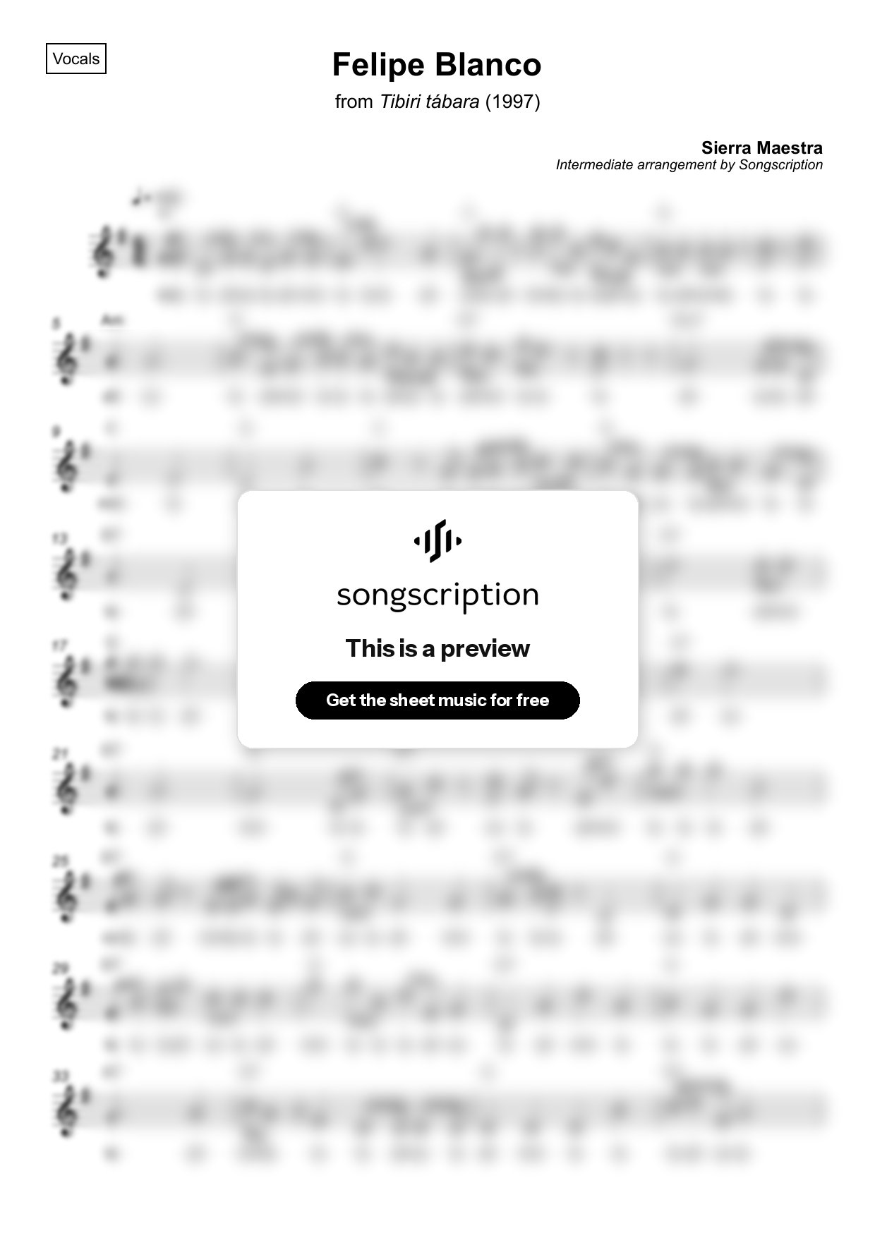 Intermediate Vocals Sheet Music for "Felipe Blanco" by Sierra Maestra