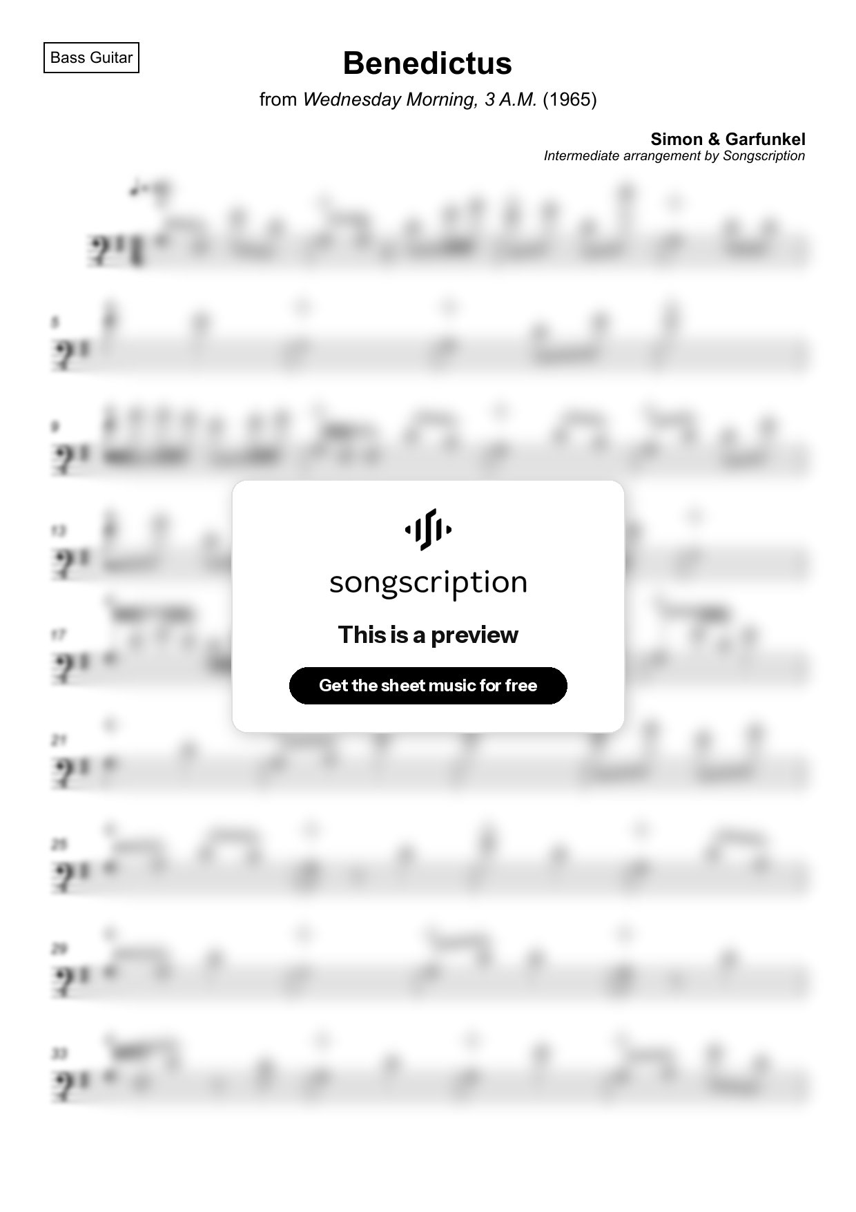 Intermediate Bass Guitar Sheet Music for "Benedictus" by Simon & Garfunkel