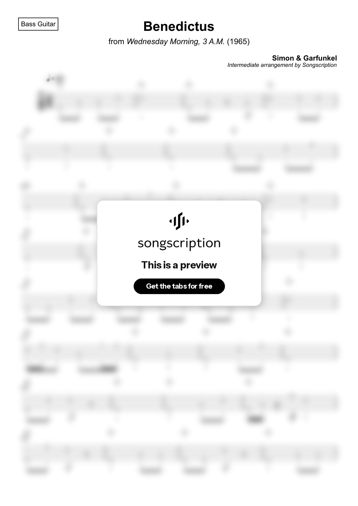 Intermediate Bass Guitar Tabs for "Benedictus" by Simon & Garfunkel