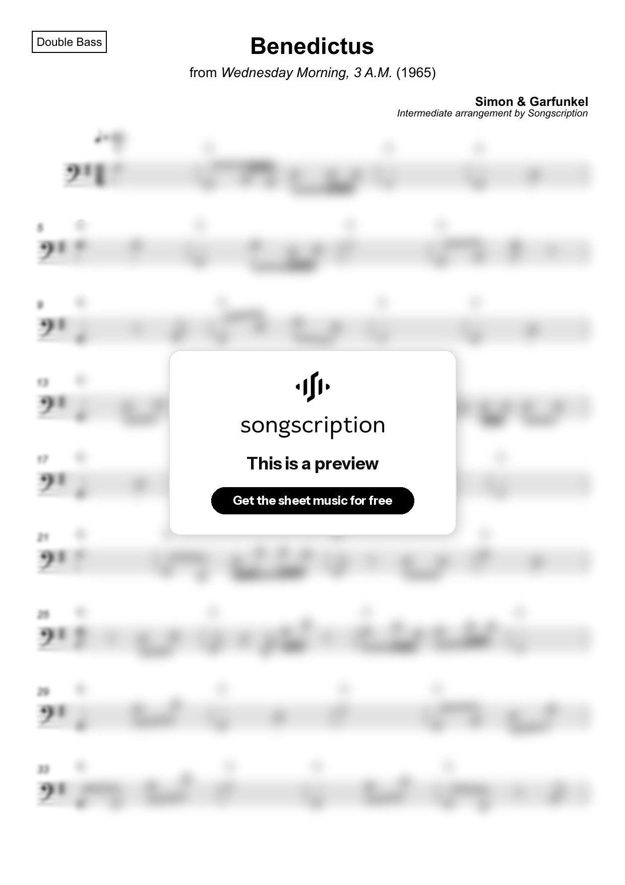 Intermediate Double Bass Sheet Music for "Benedictus" by Simon & Garfunkel
