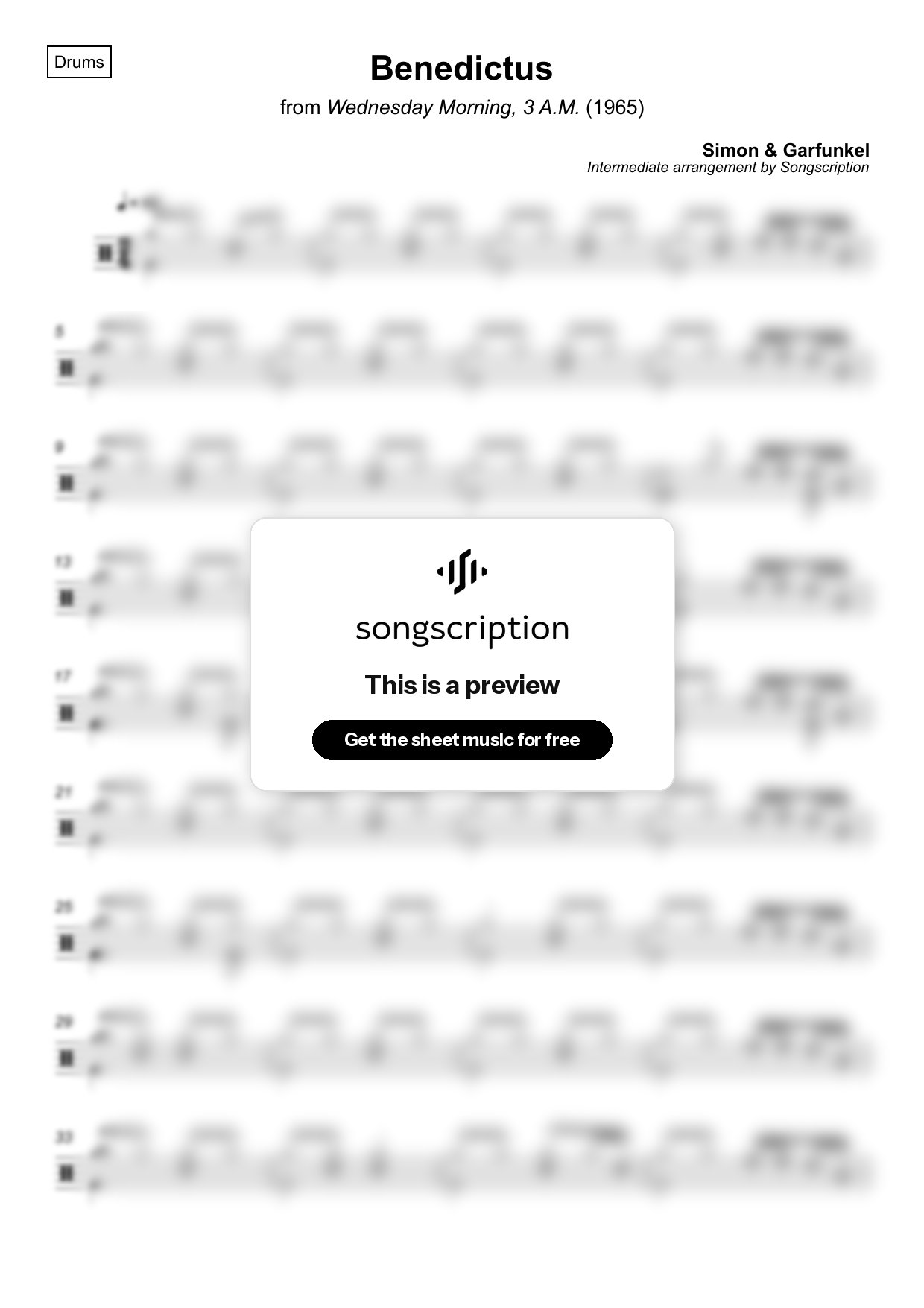 Intermediate Drums Sheet Music for "Benedictus" by Simon & Garfunkel
