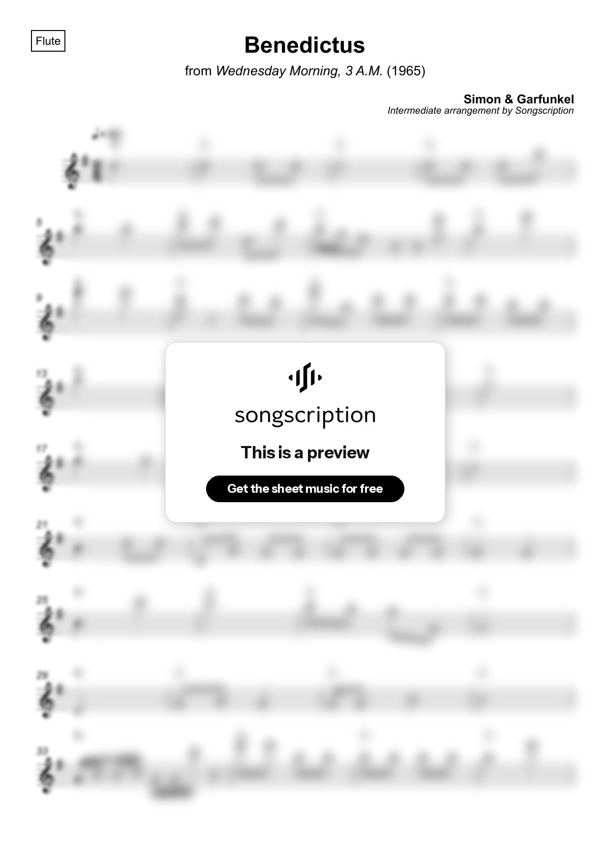 Intermediate Flute Sheet Music for "Benedictus" by Simon & Garfunkel