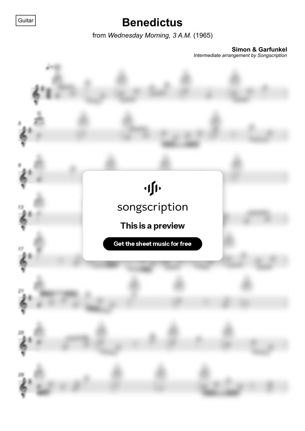 Intermediate Acoustic Guitar Sheet Music for "Benedictus" by Simon & Garfunkel