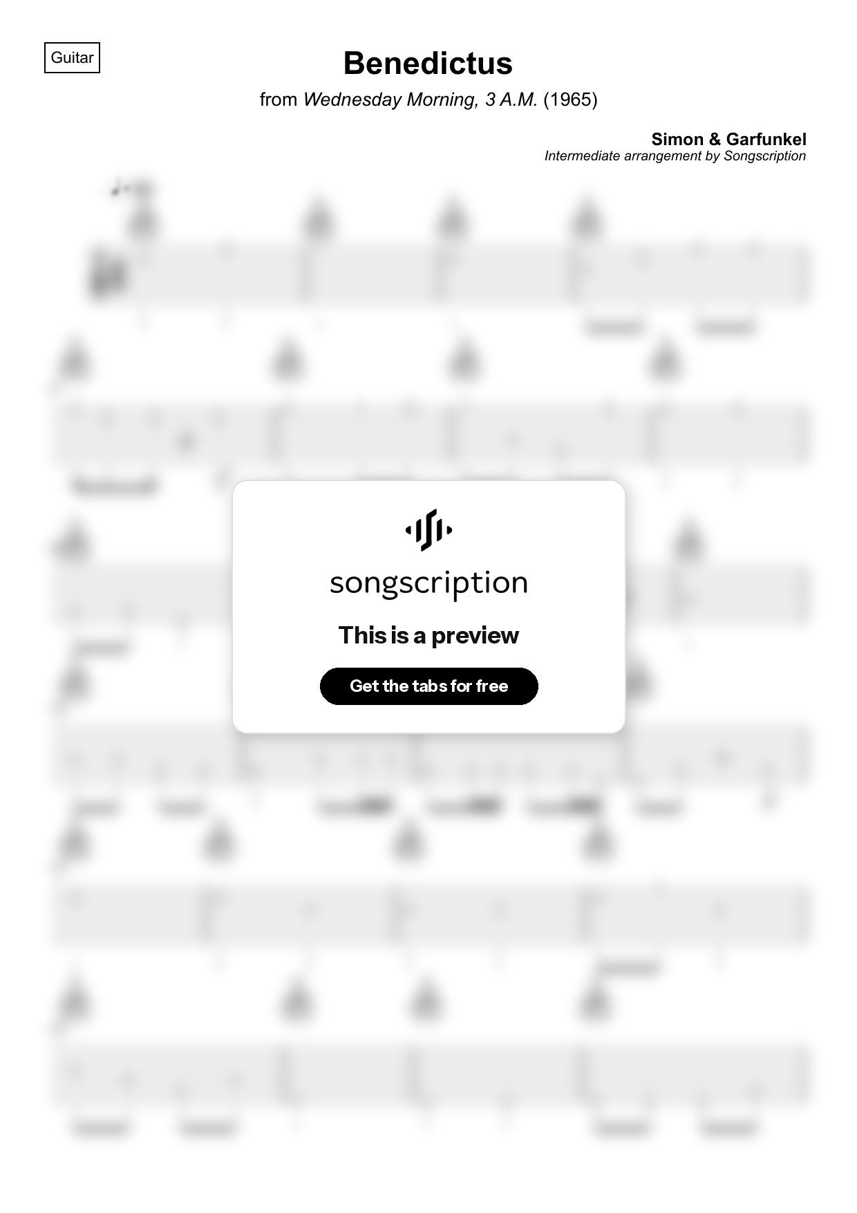 Intermediate Acoustic Guitar Tabs for "Benedictus" by Simon & Garfunkel